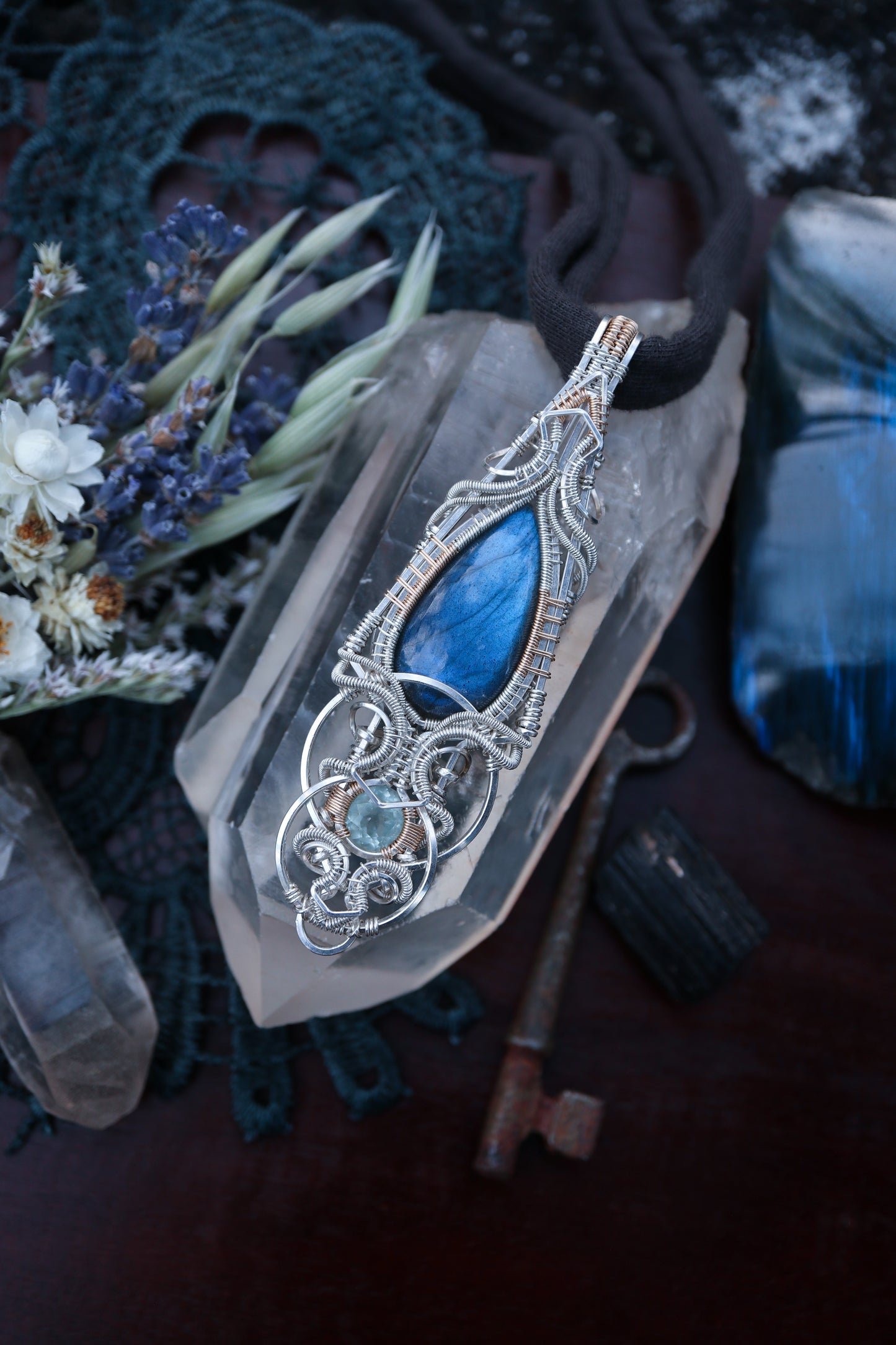 Labradorite and Aquamarine in Silver and Gold