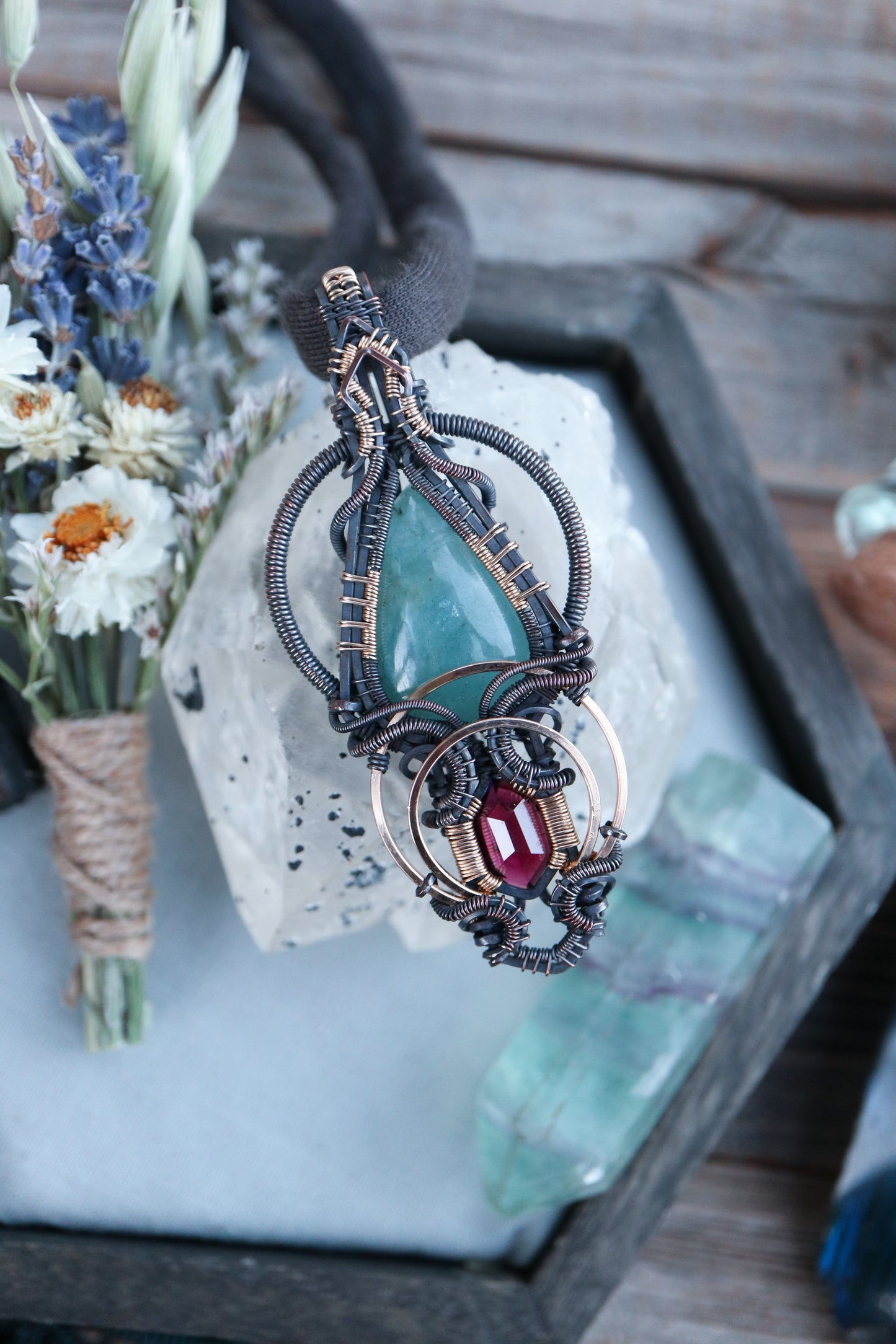 Aquamarine and Garnet in Copper with Gold Accents