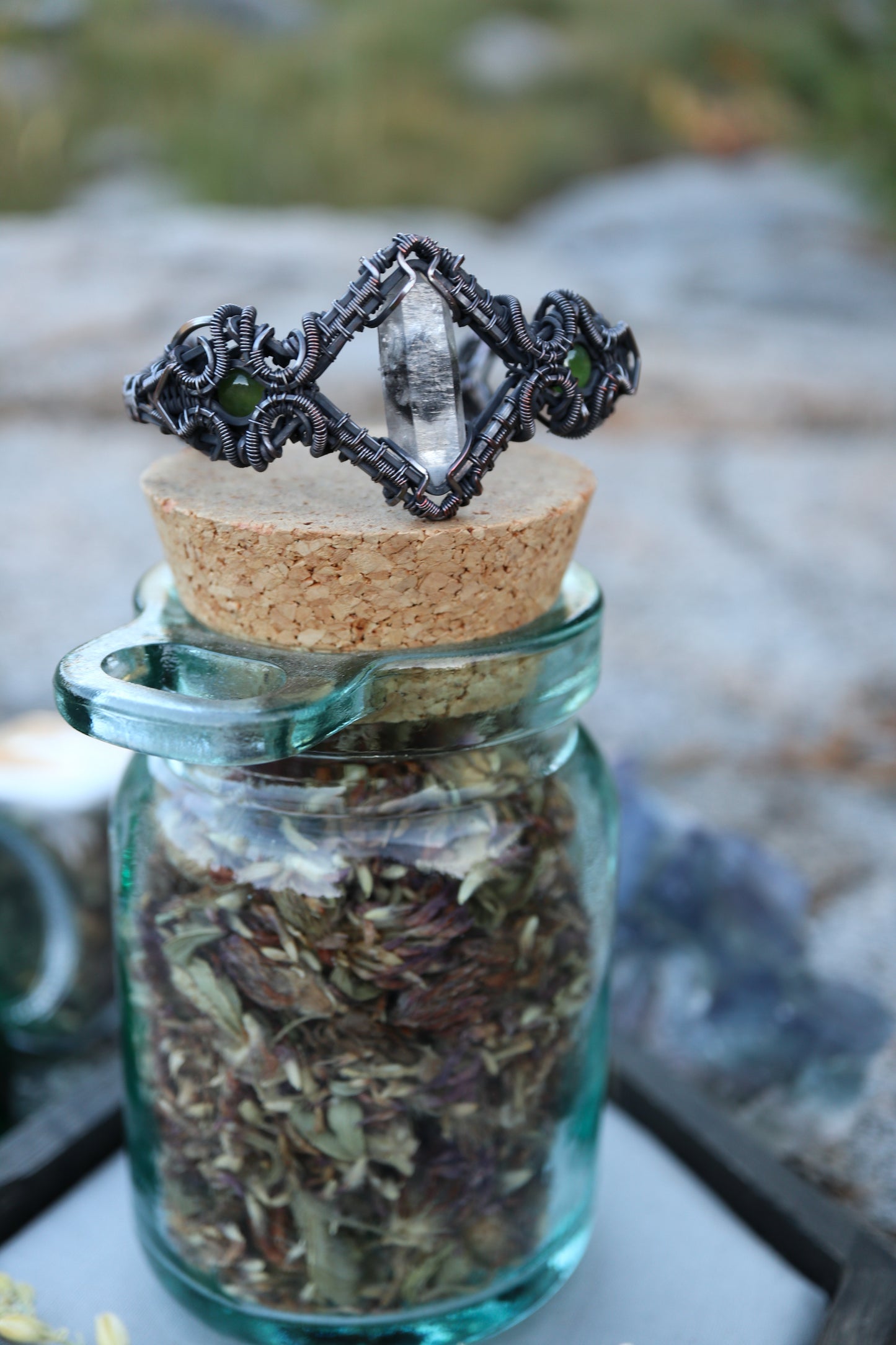 Tibetan Quartz and Jade Copper Bracelet S/M