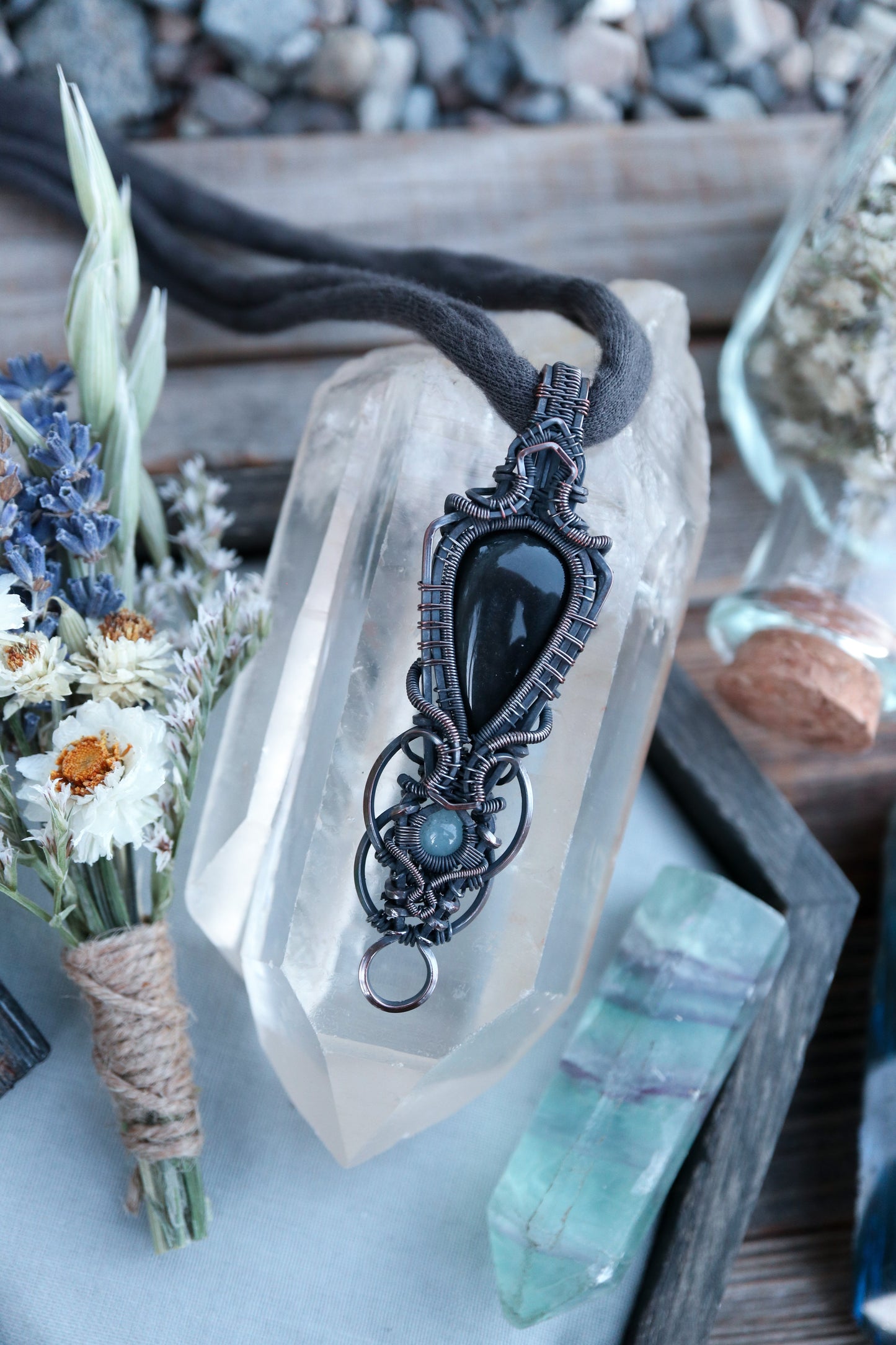 Silver Sheen Obsidian and Aquamarine in Copper