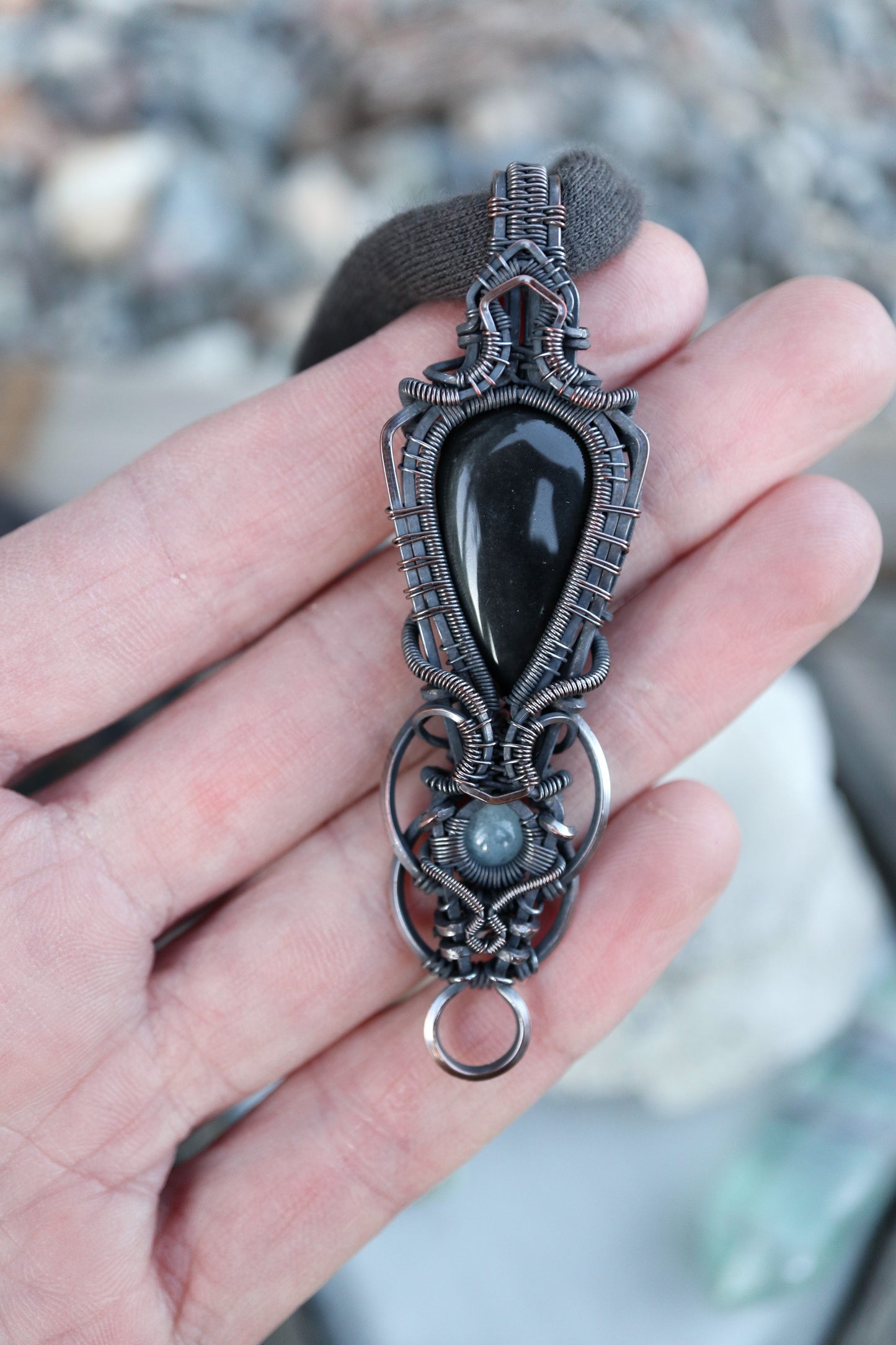 Silver Sheen Obsidian and Aquamarine in Copper