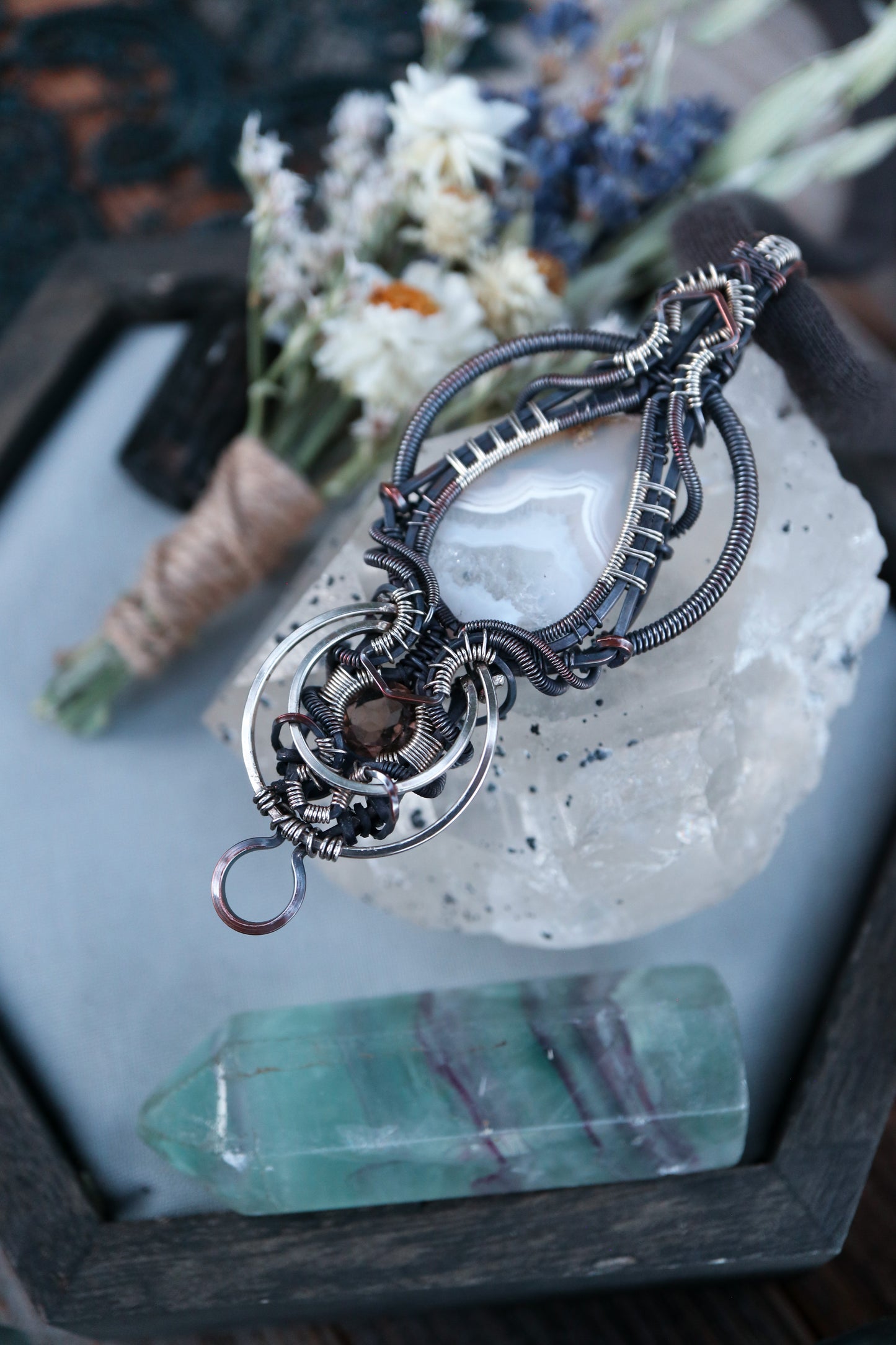 White Banded Agate and Smoky Quartz in Copper with Silver