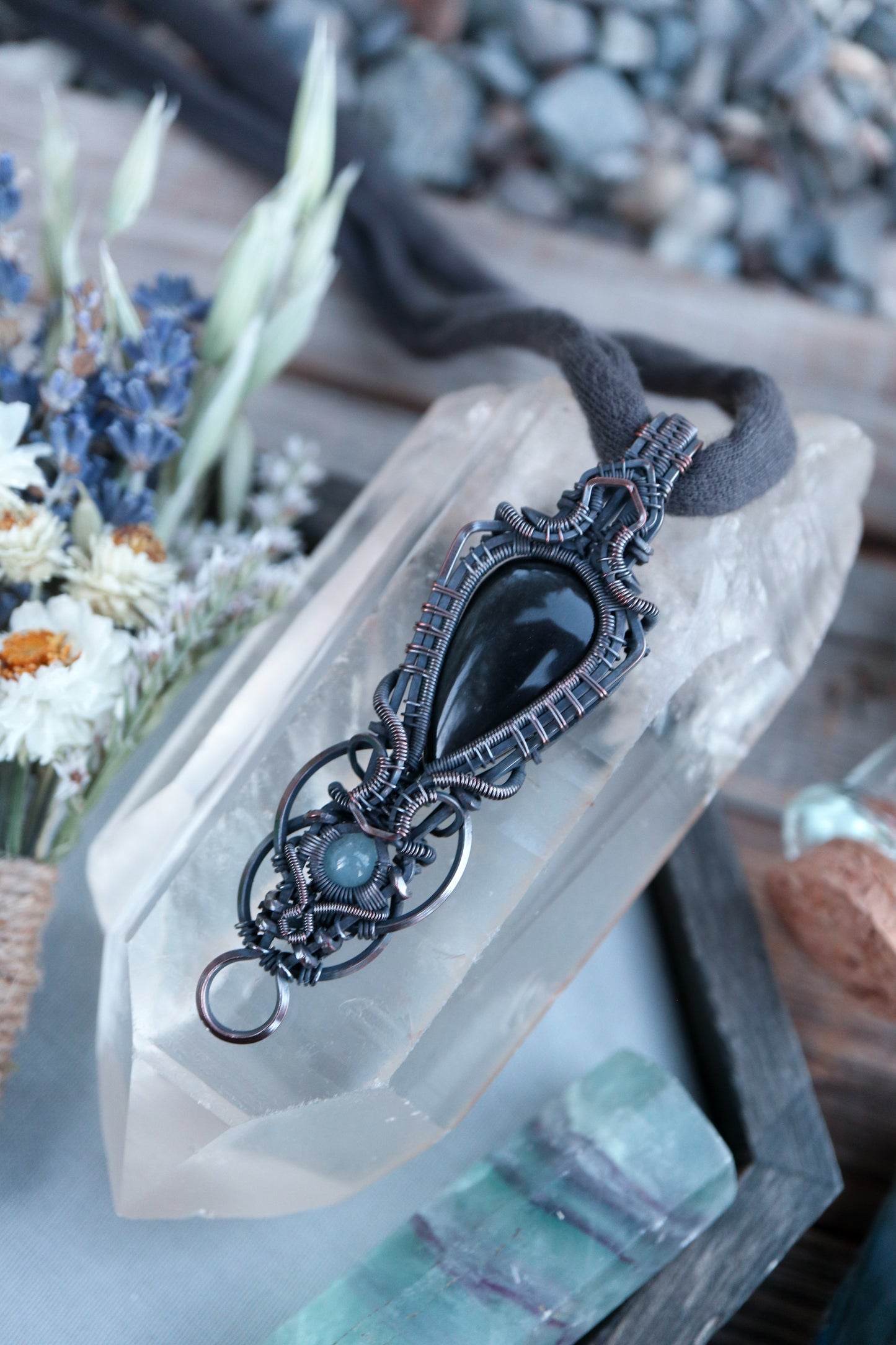 Silver Sheen Obsidian and Aquamarine in Copper