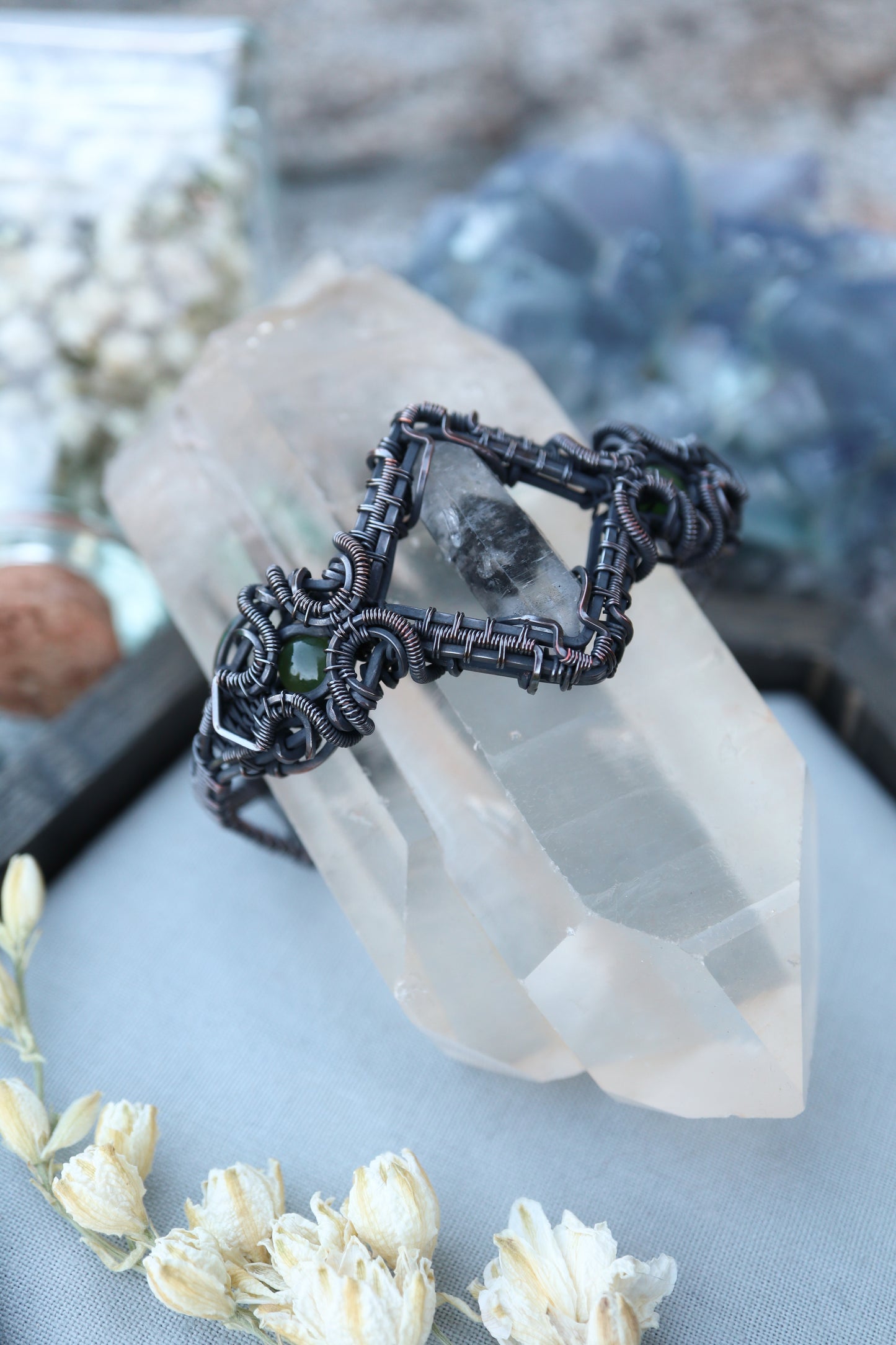 Tibetan Quartz and Jade Copper Bracelet S/M