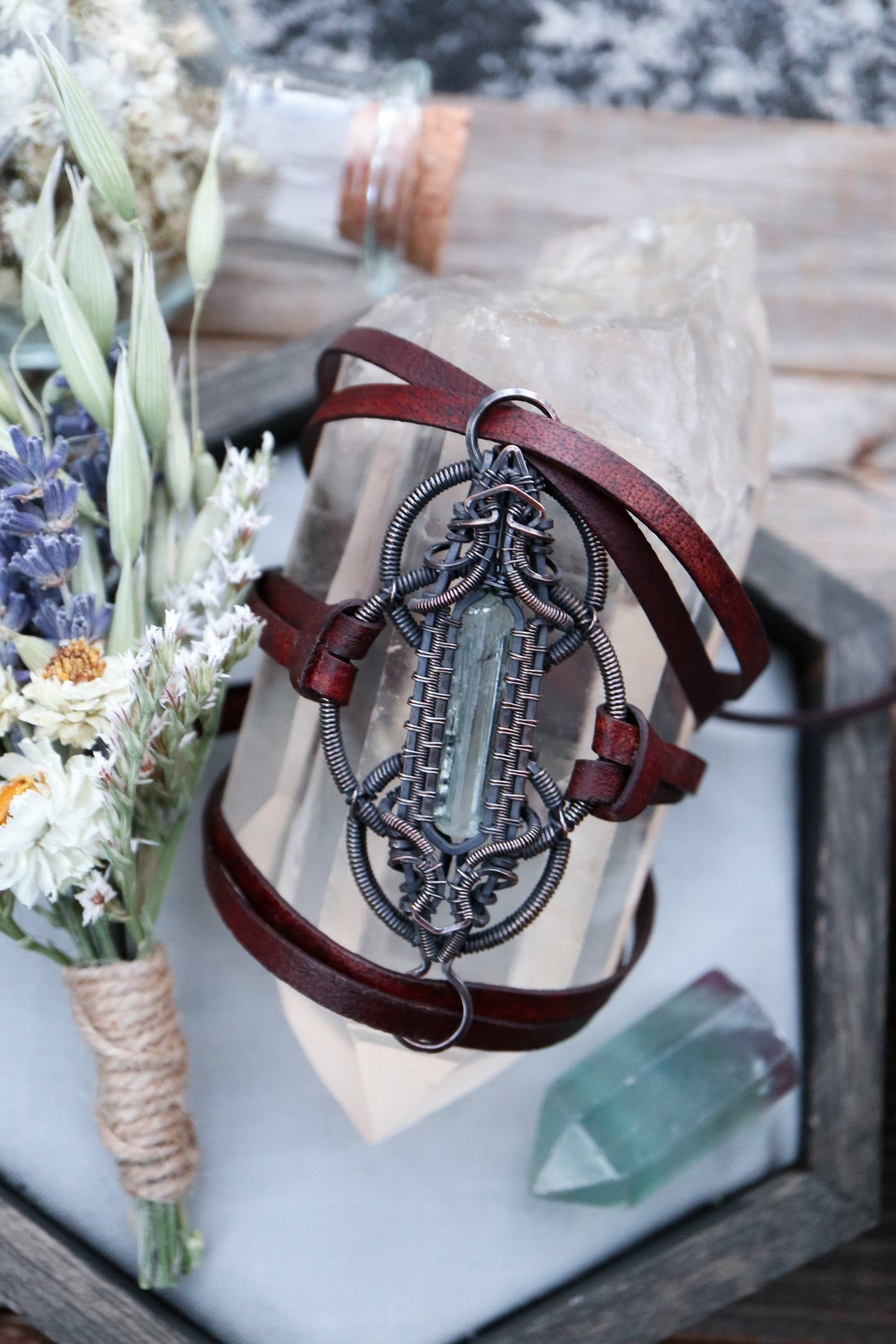 Aquamarine Copper and Leather Wrap Bracelet