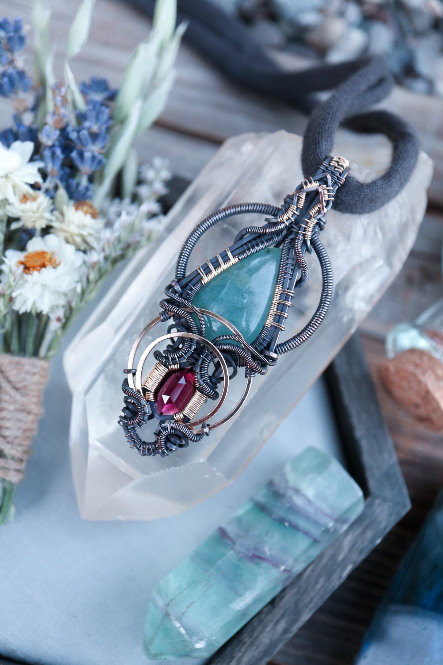 Aquamarine and Garnet in Copper with Gold Accents