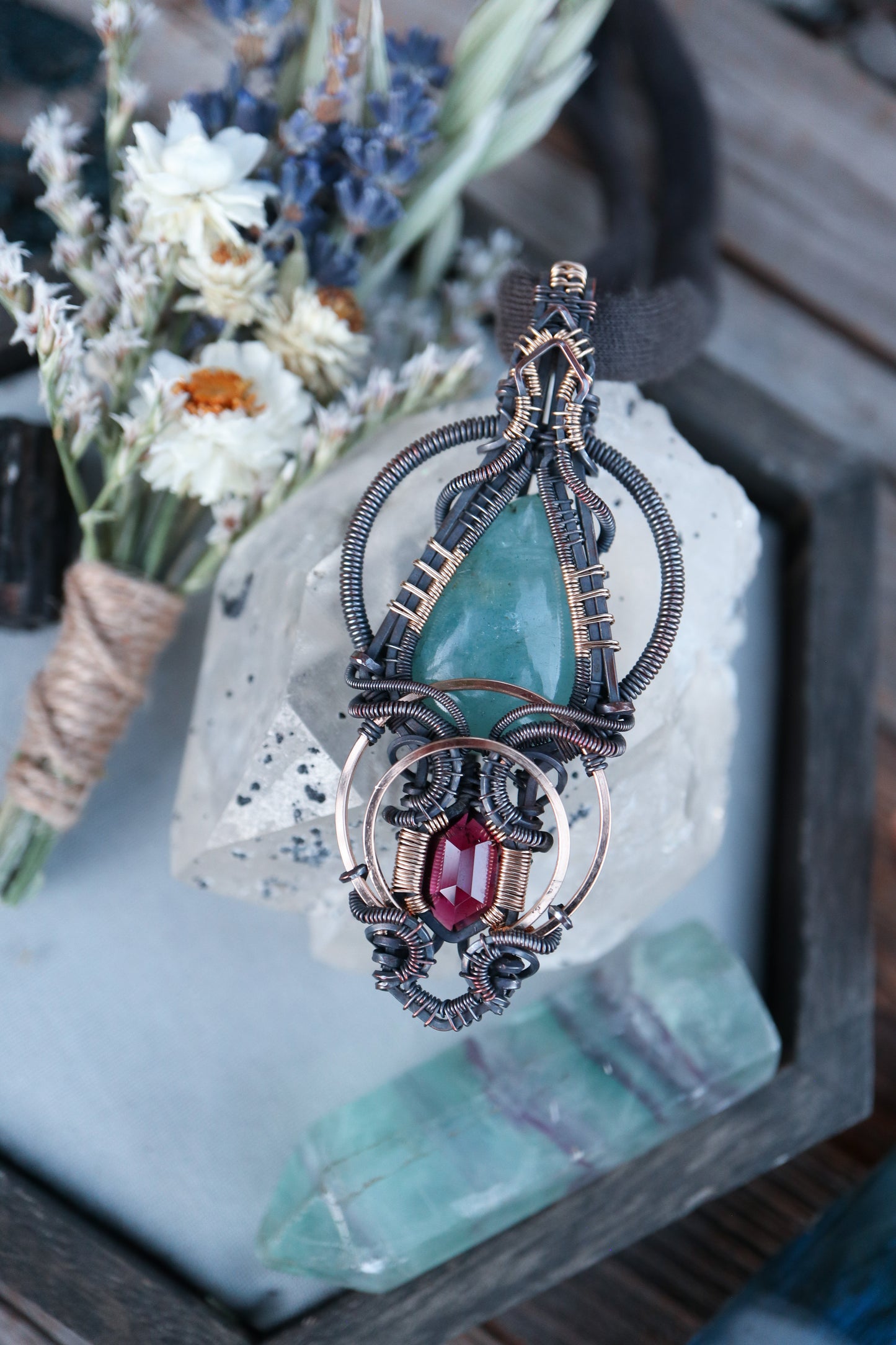 Aquamarine and Garnet in Copper with Gold Accents