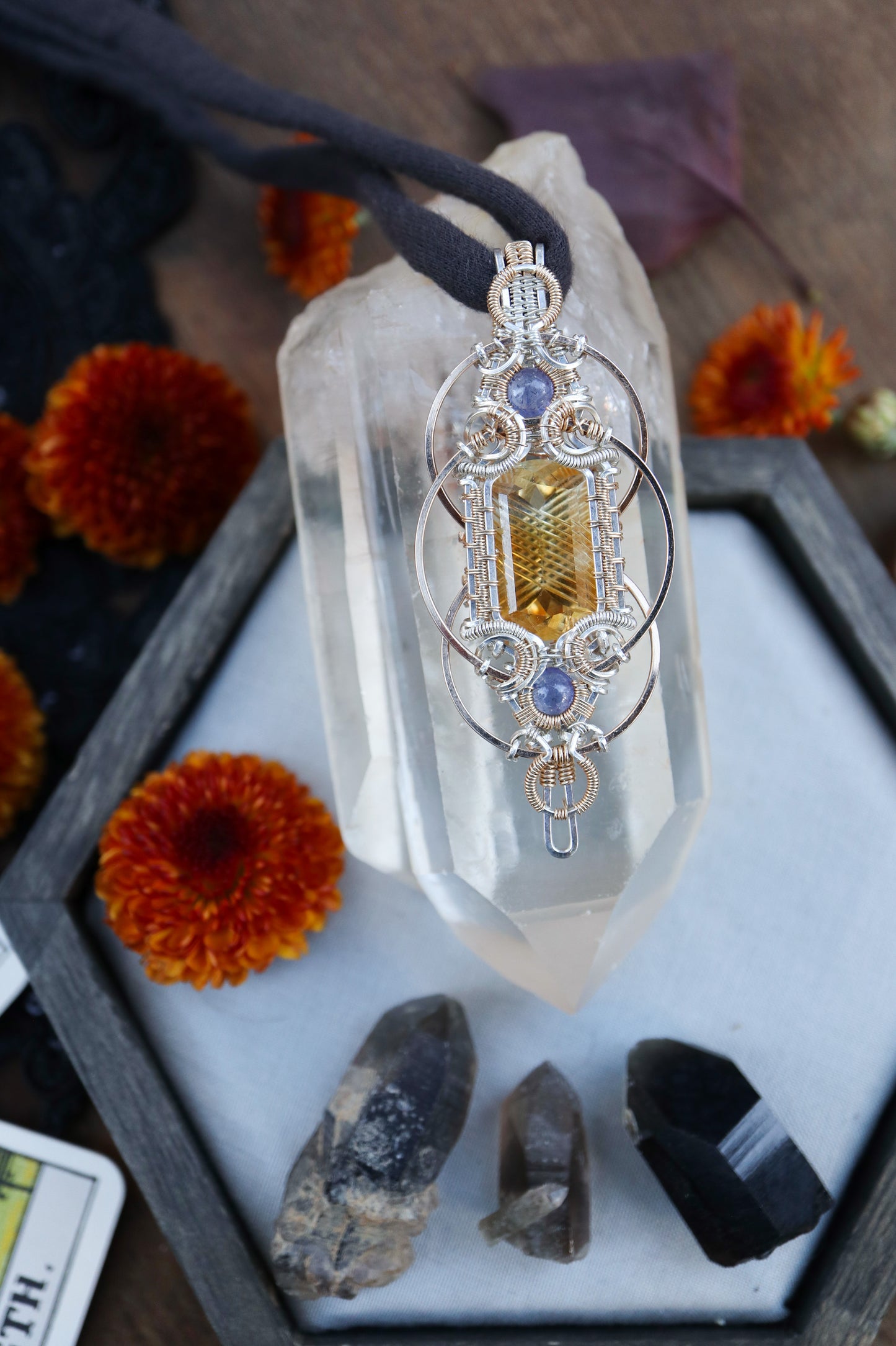 Fantasy Cut Citrine with Double Tanzanite in Silver and Gold