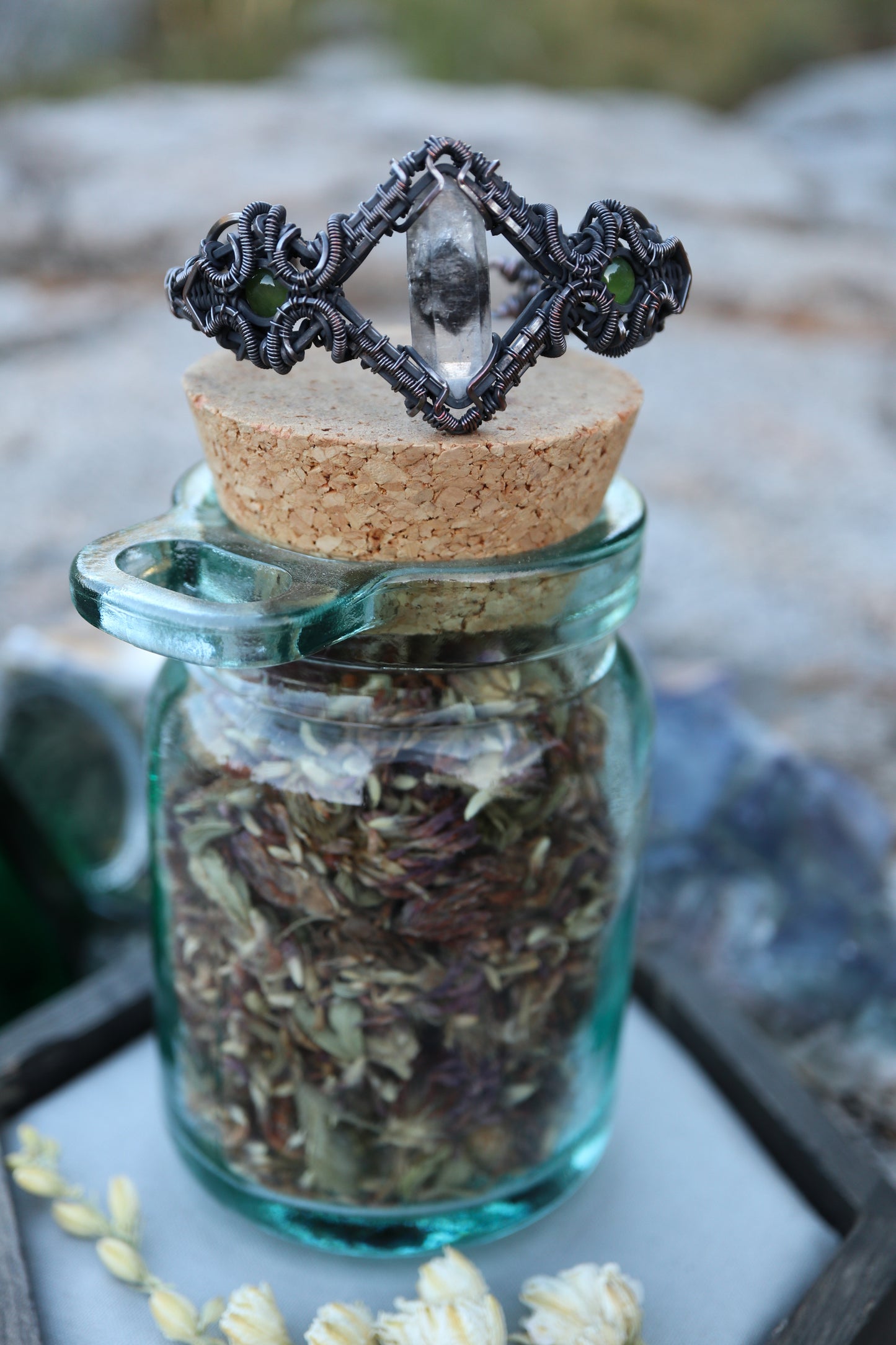Tibetan Quartz and Jade Copper Bracelet S/M