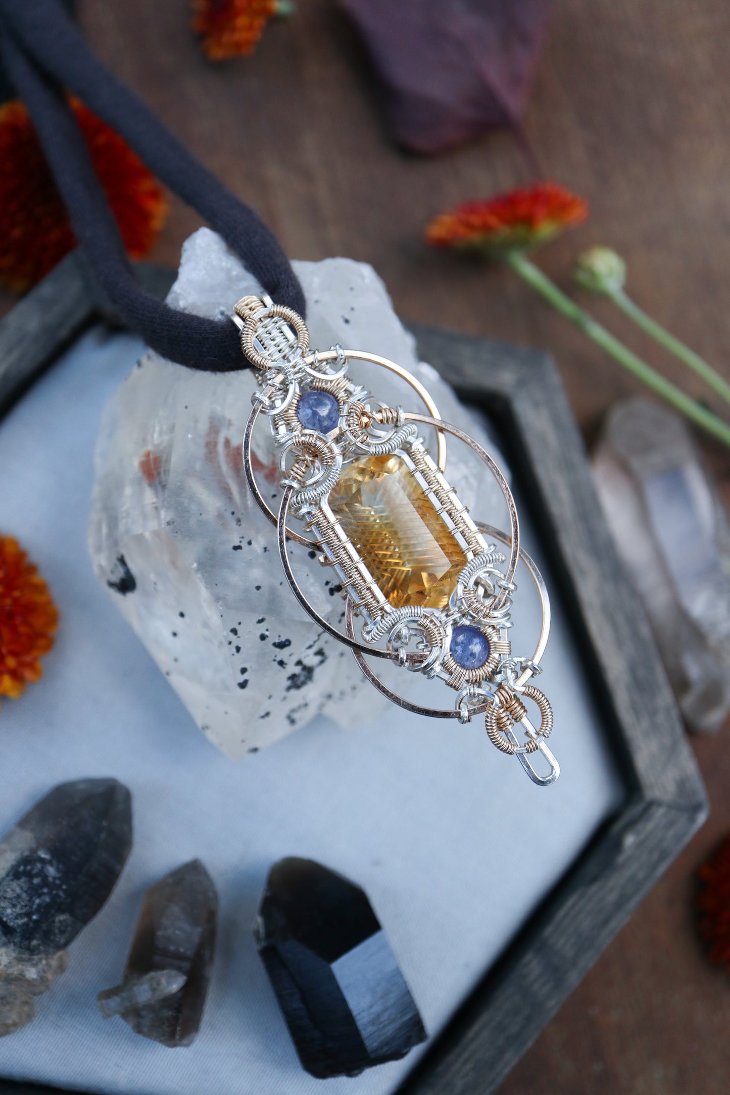 Fantasy Cut Citrine with Double Tanzanite in Silver and Gold