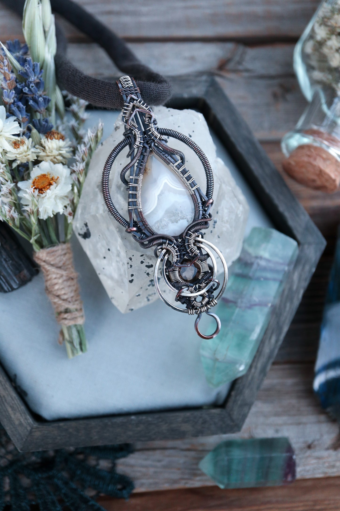 White Banded Agate and Smoky Quartz in Copper with Silver