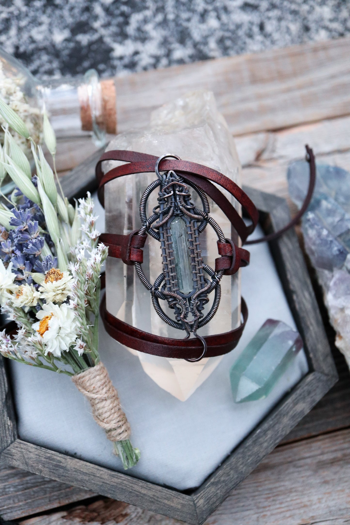 Aquamarine Copper and Leather Wrap Bracelet