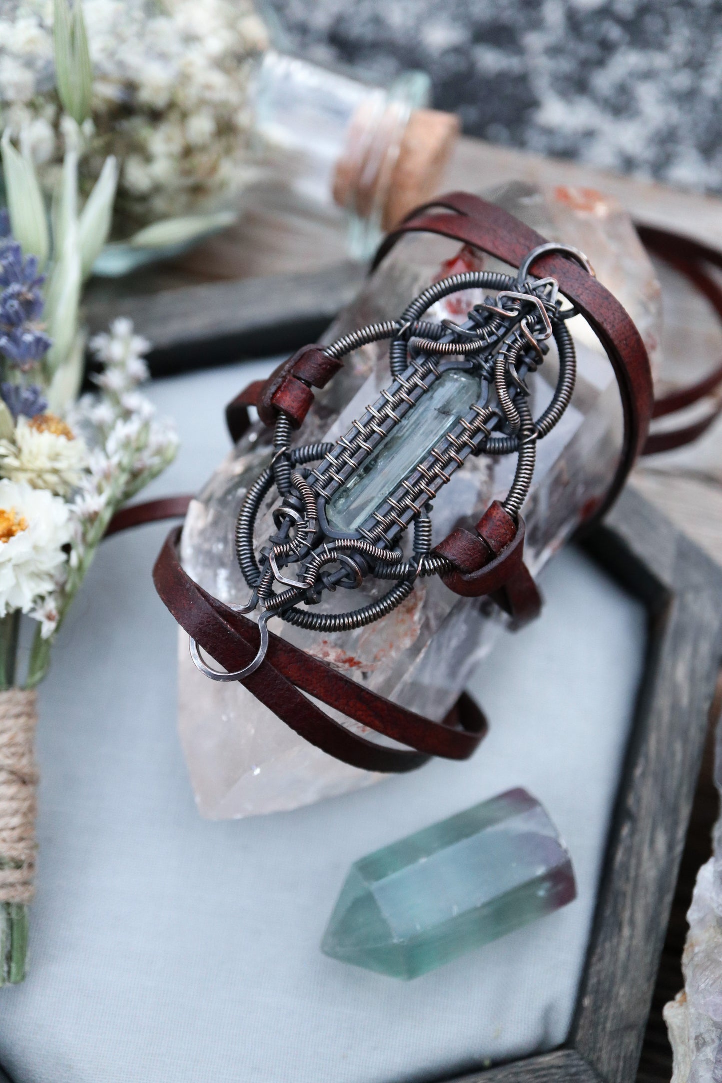 Aquamarine Copper and Leather Wrap Bracelet
