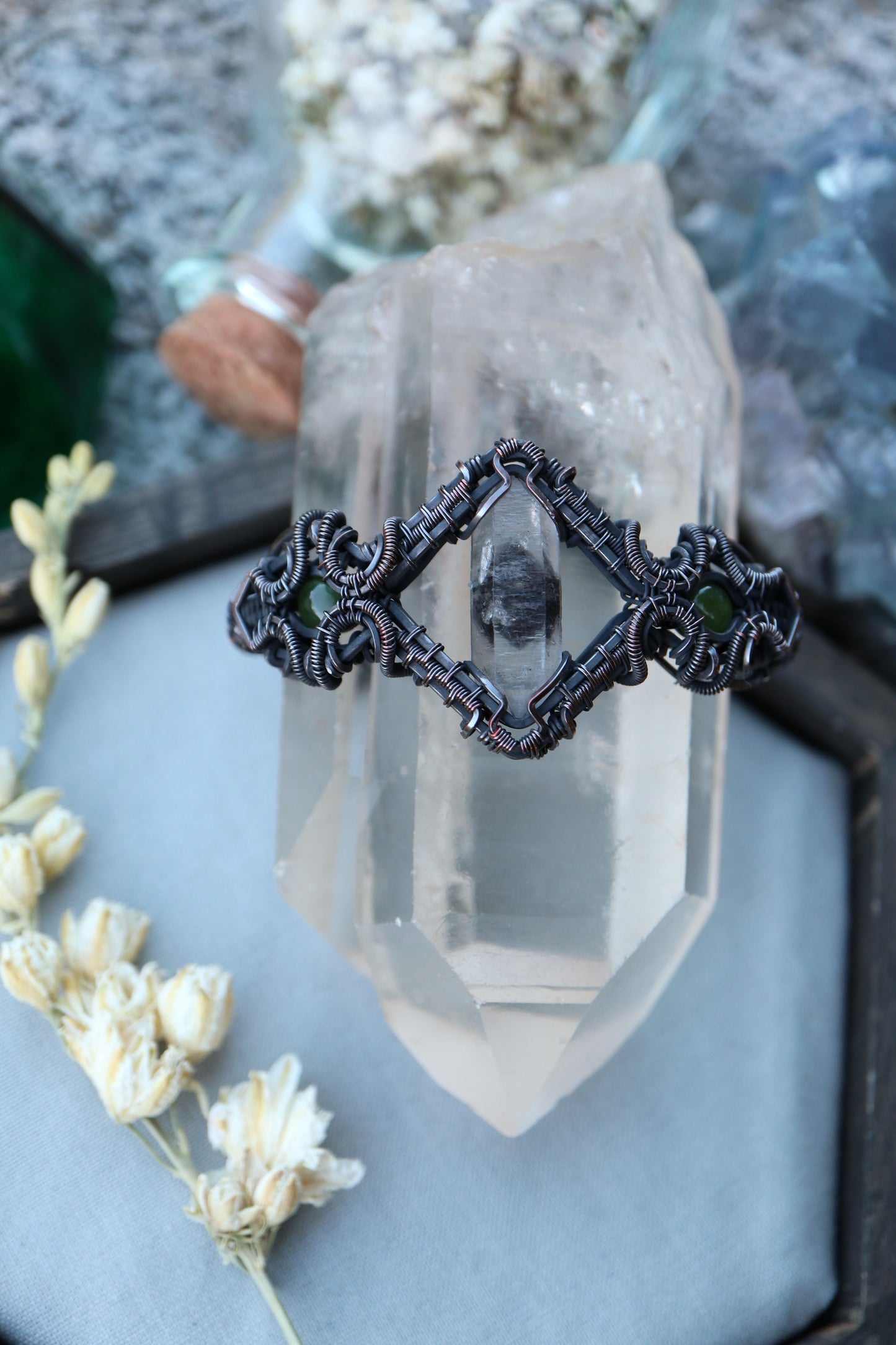 Tibetan Quartz and Jade Copper Bracelet S/M