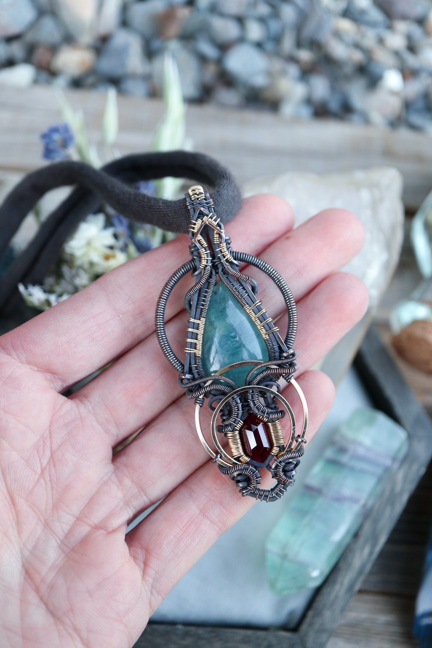 Aquamarine and Garnet in Copper with Gold Accents