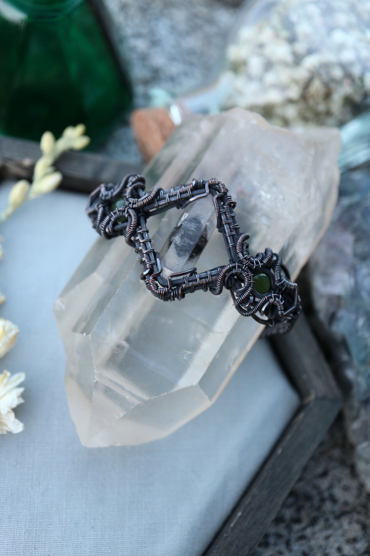 Tibetan Quartz and Jade Copper Bracelet S/M