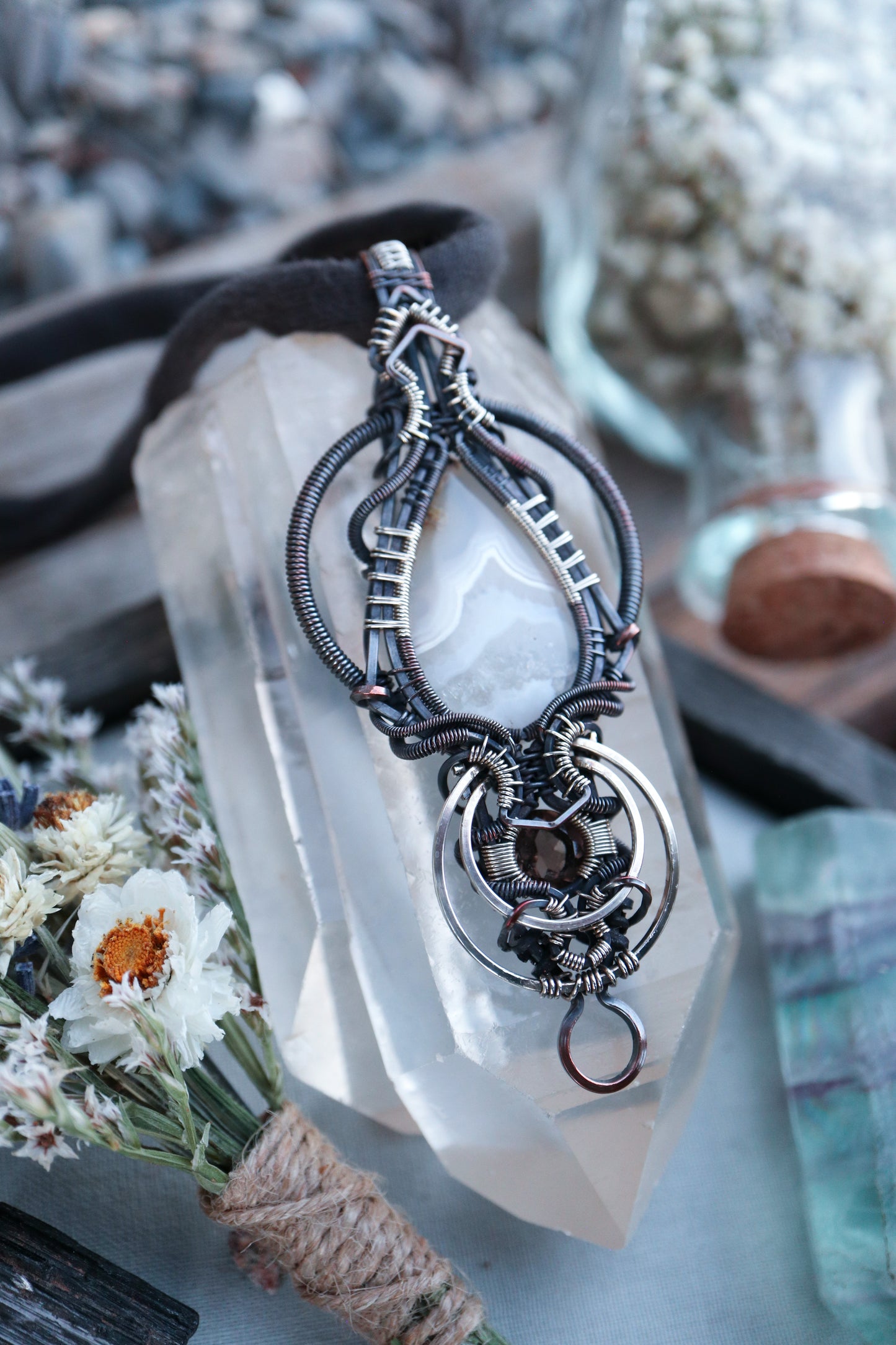 White Banded Agate and Smoky Quartz in Copper with Silver