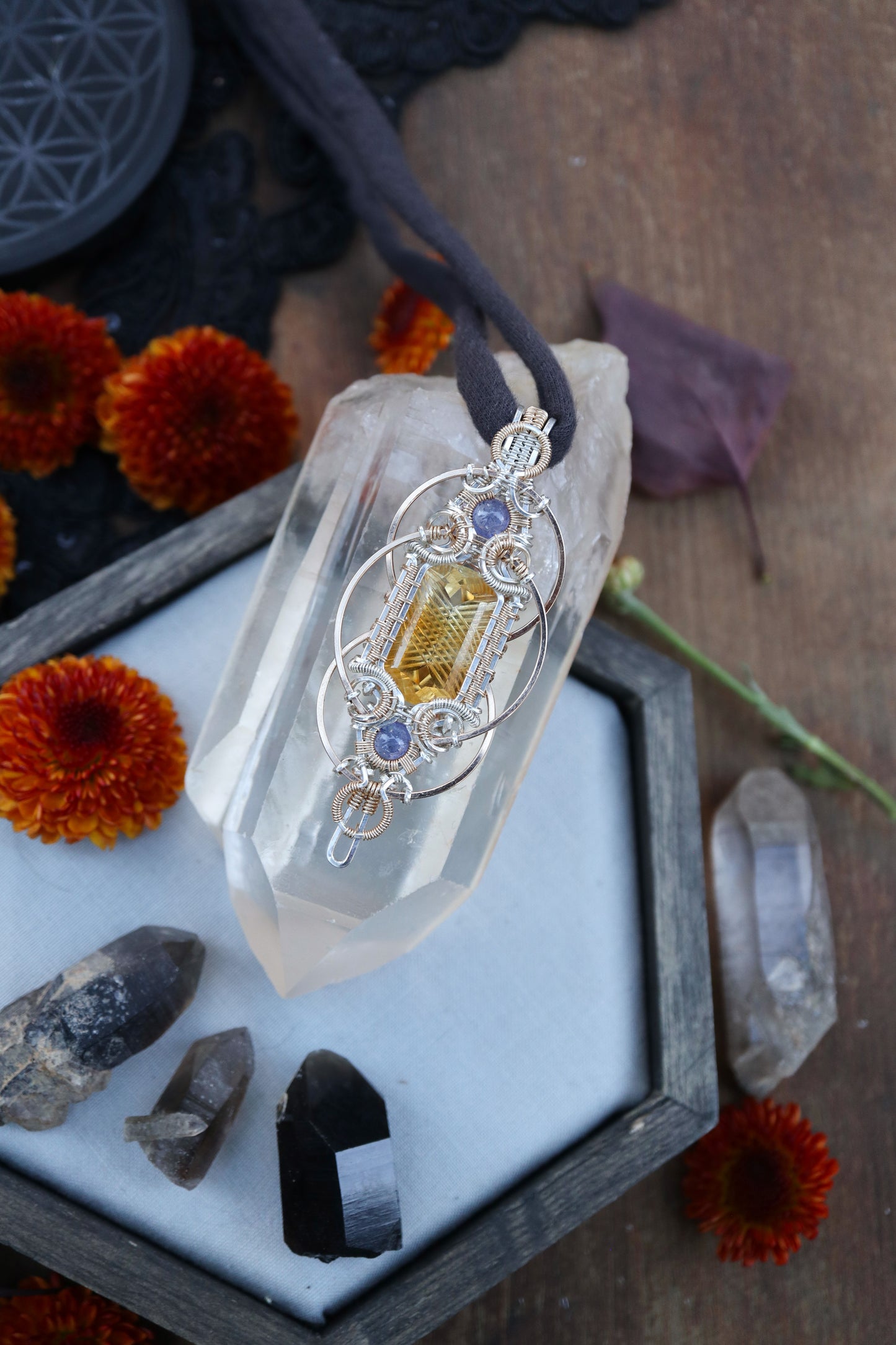 Fantasy Cut Citrine with Double Tanzanite in Silver and Gold