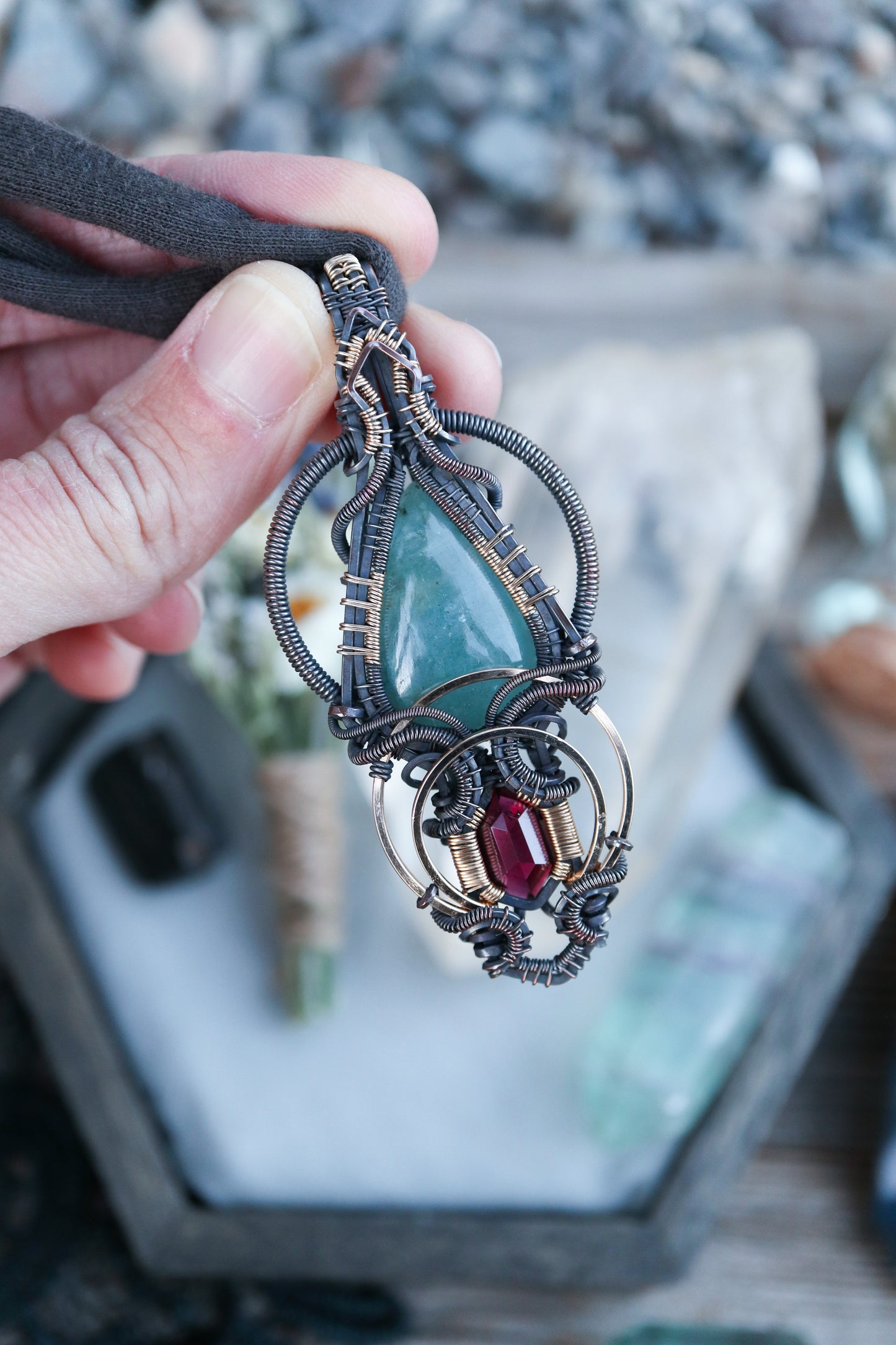Aquamarine and Garnet in Copper with Gold Accents
