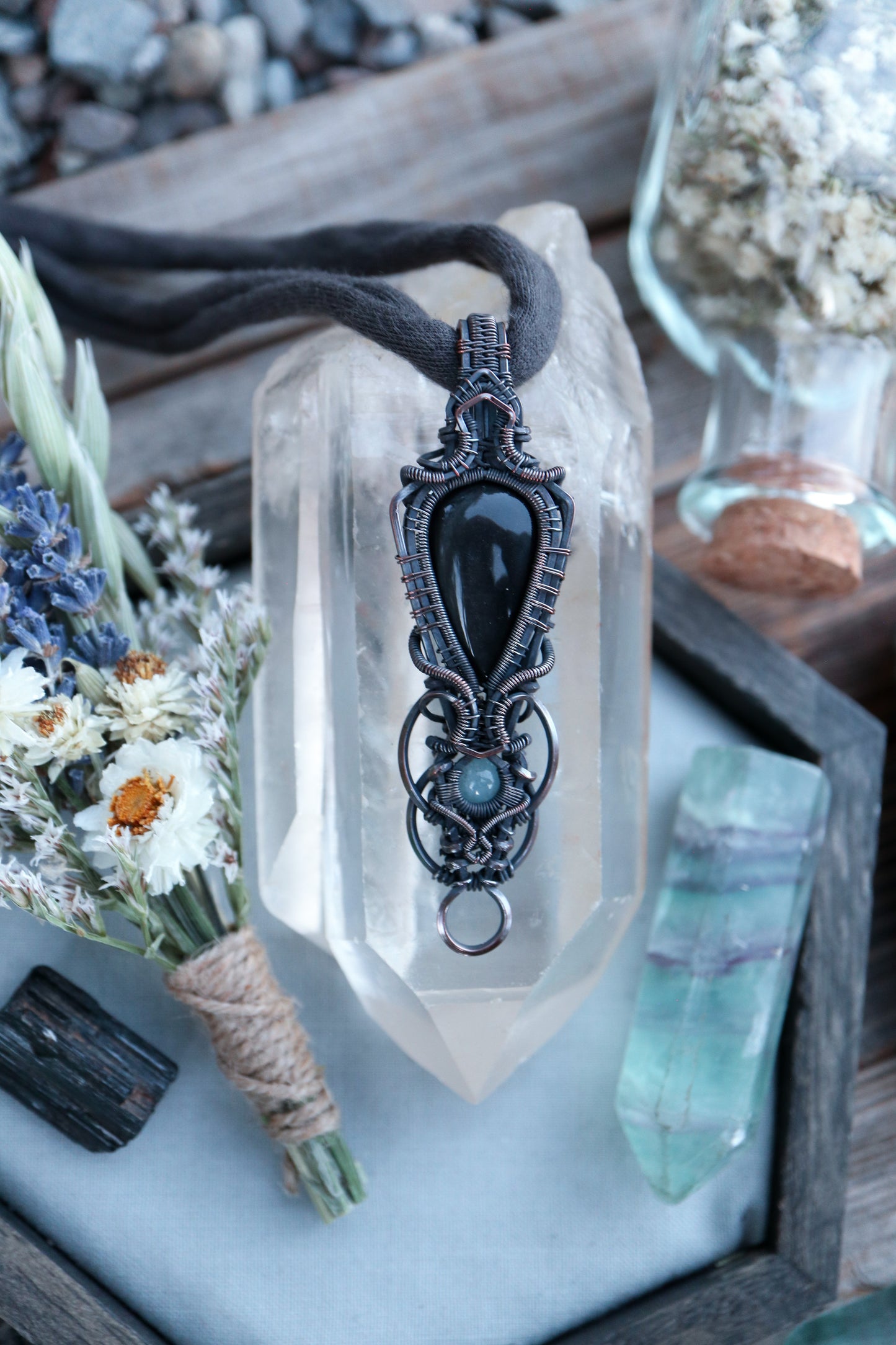 Silver Sheen Obsidian and Aquamarine in Copper
