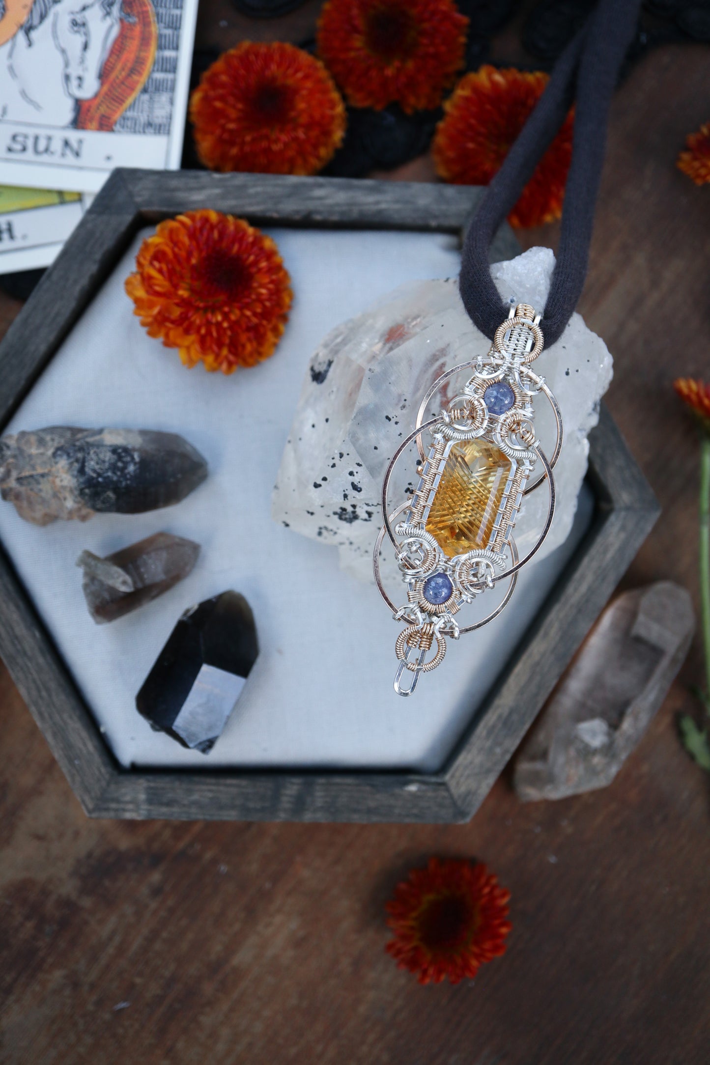 Fantasy Cut Citrine with Double Tanzanite in Silver and Gold