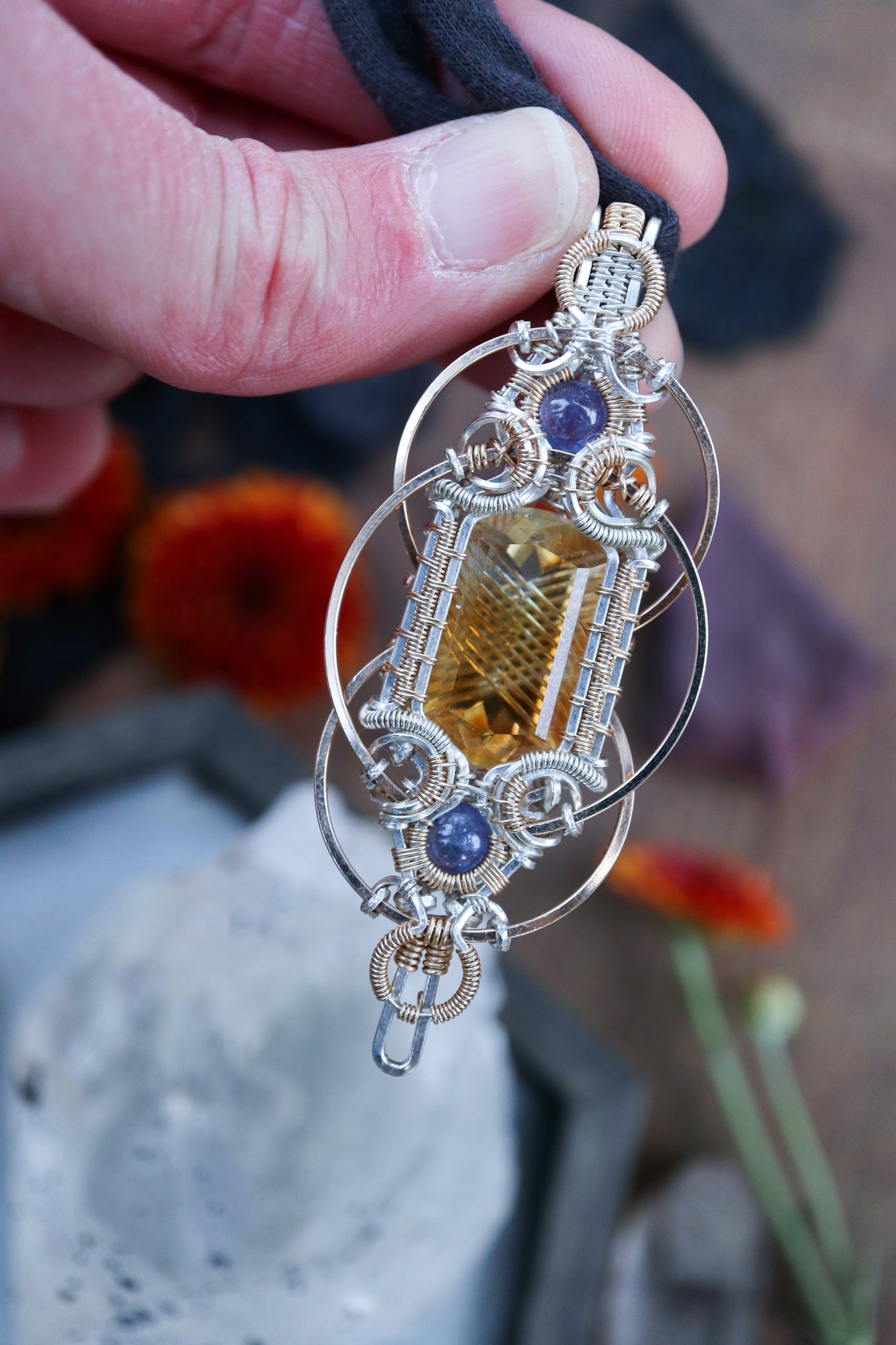 Fantasy Cut Citrine with Double Tanzanite in Silver and Gold