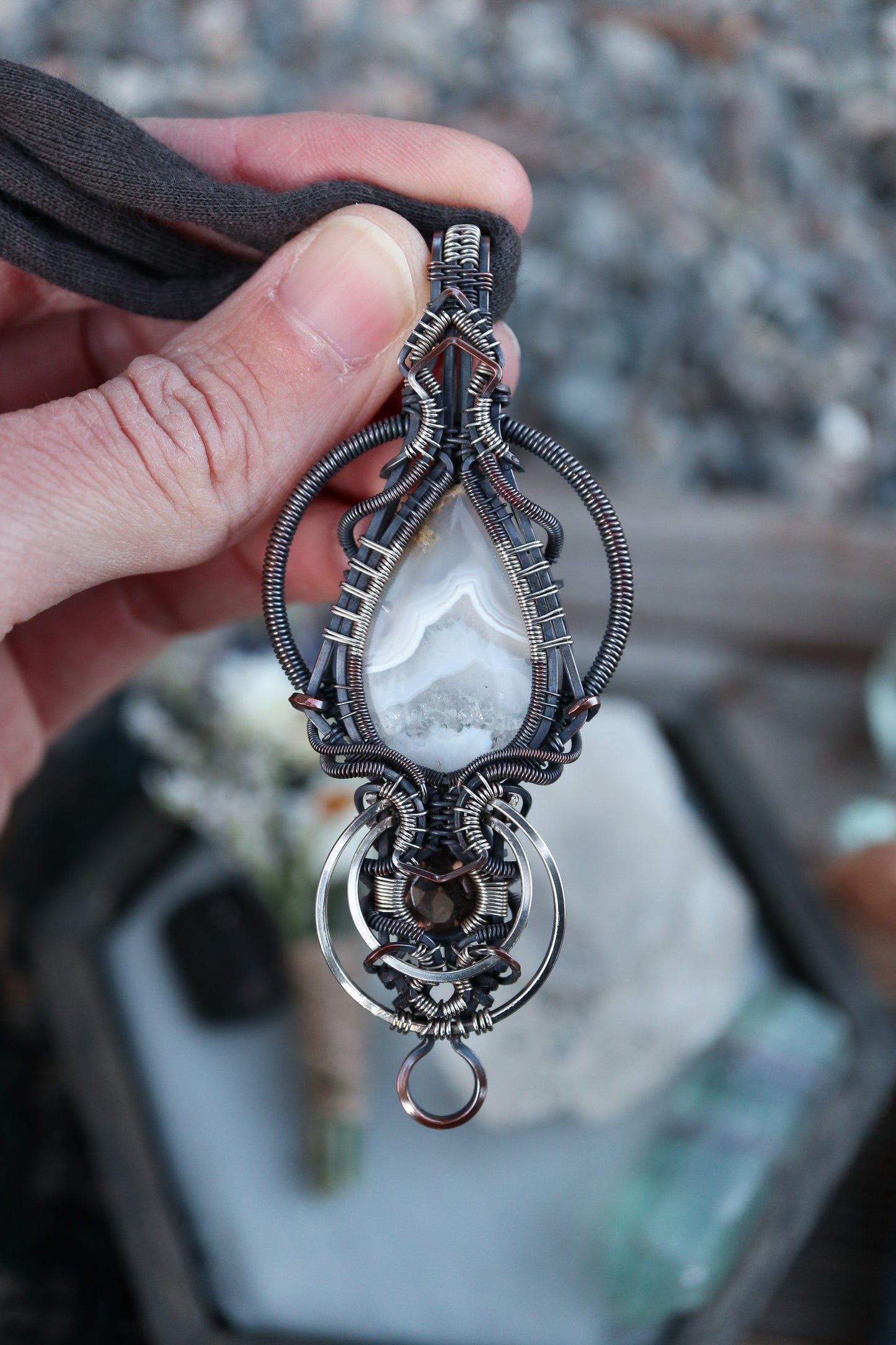 White Banded Agate and Smoky Quartz in Copper with Silver