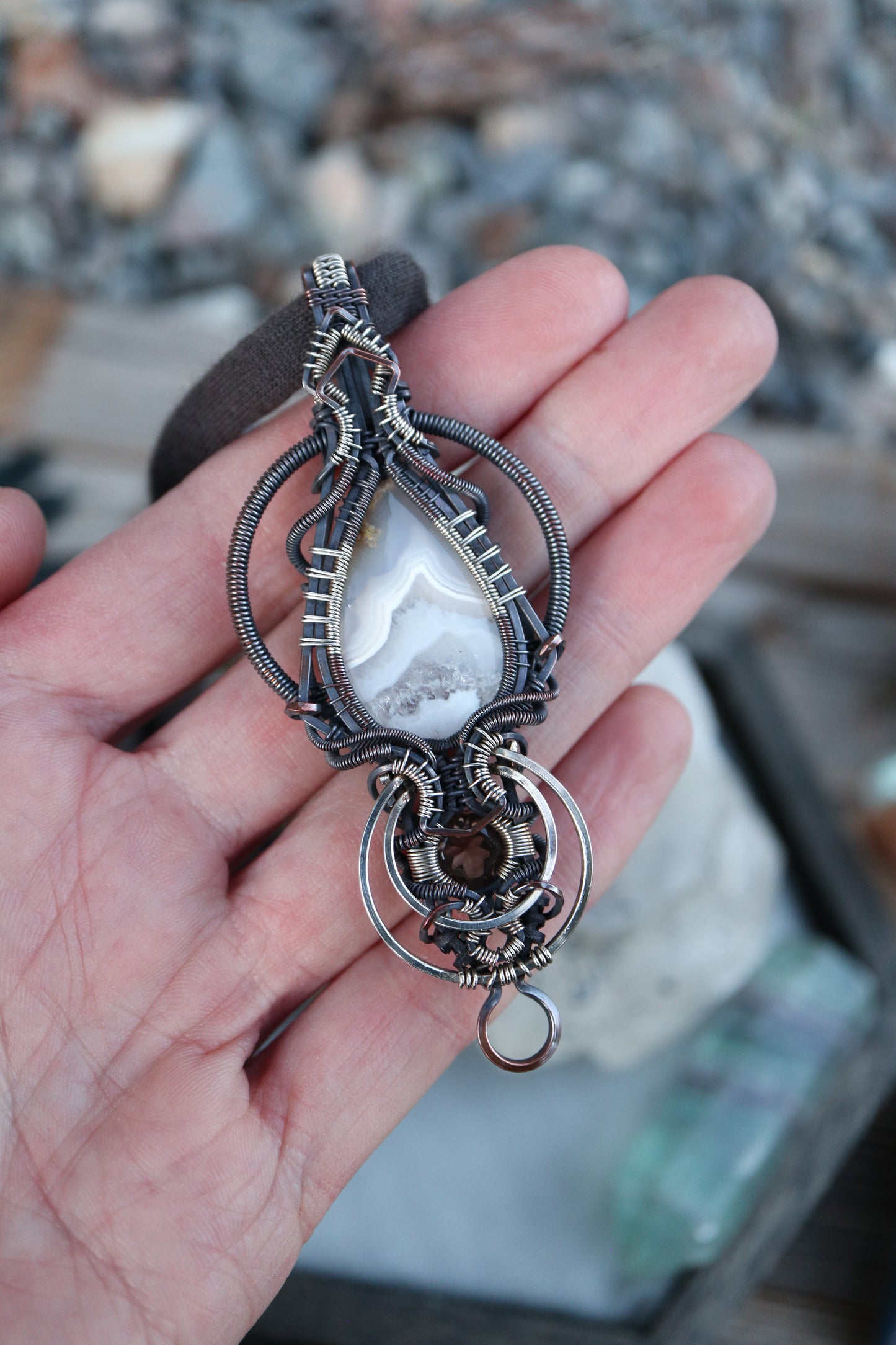 White Banded Agate and Smoky Quartz in Copper with Silver