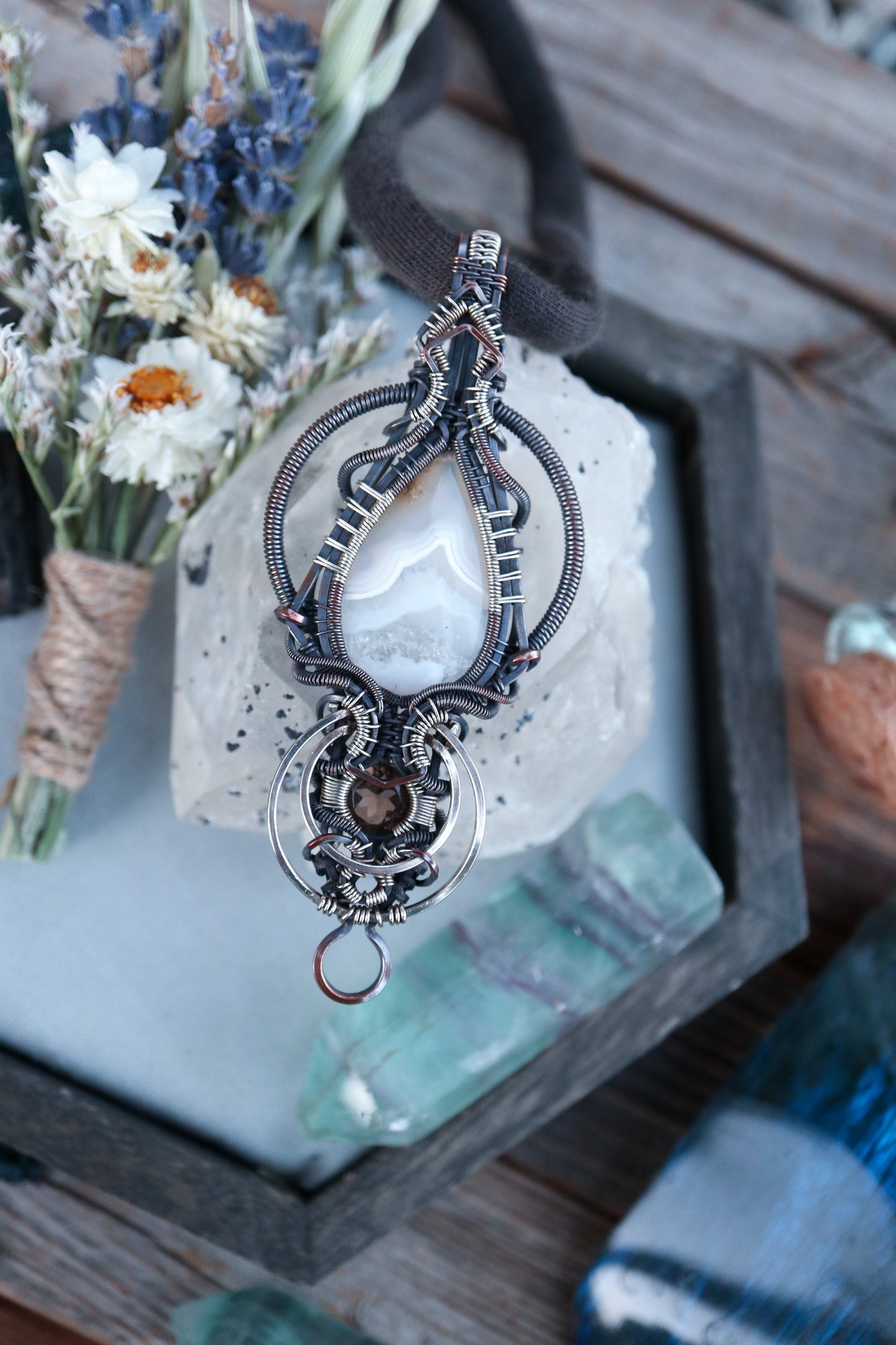 White Banded Agate and Smoky Quartz in Copper with Silver