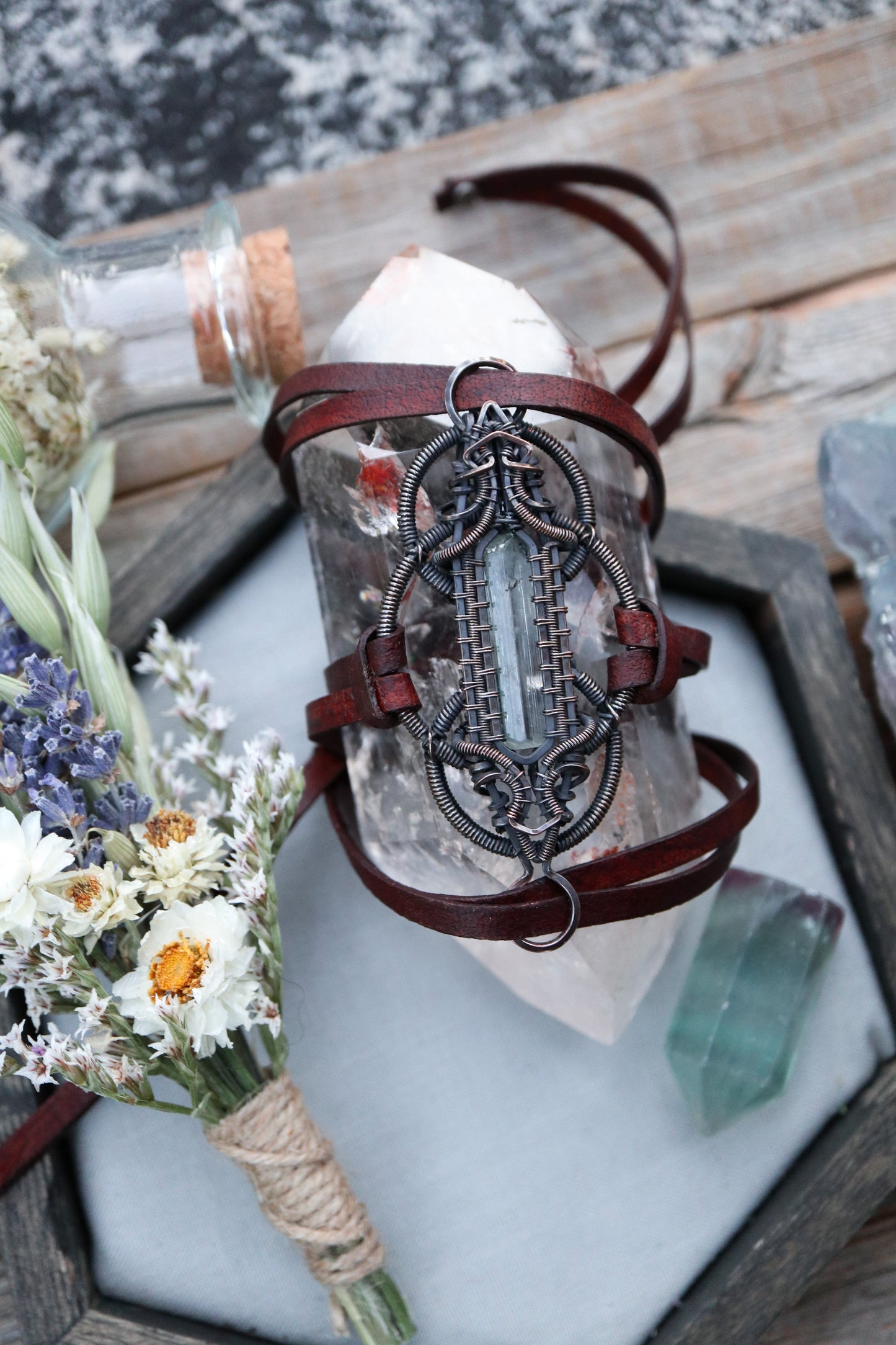 Aquamarine Copper and Leather Wrap Bracelet