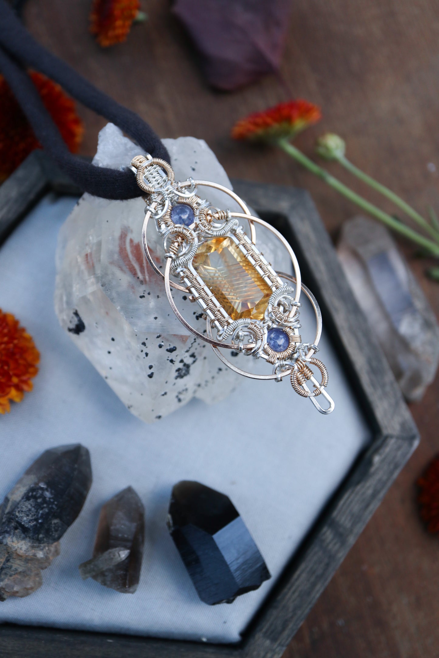 Fantasy Cut Citrine with Double Tanzanite in Silver and Gold