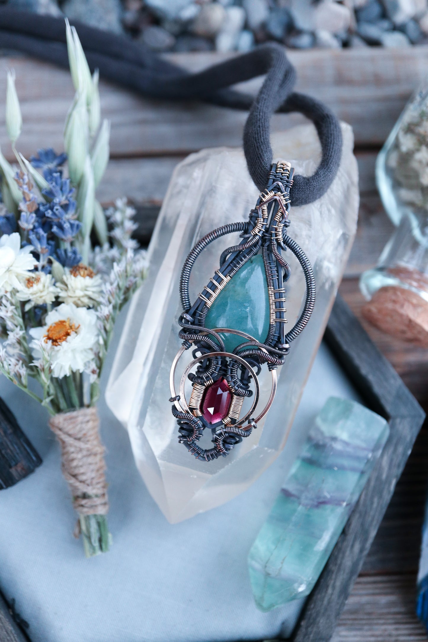 Aquamarine and Garnet in Copper with Gold Accents