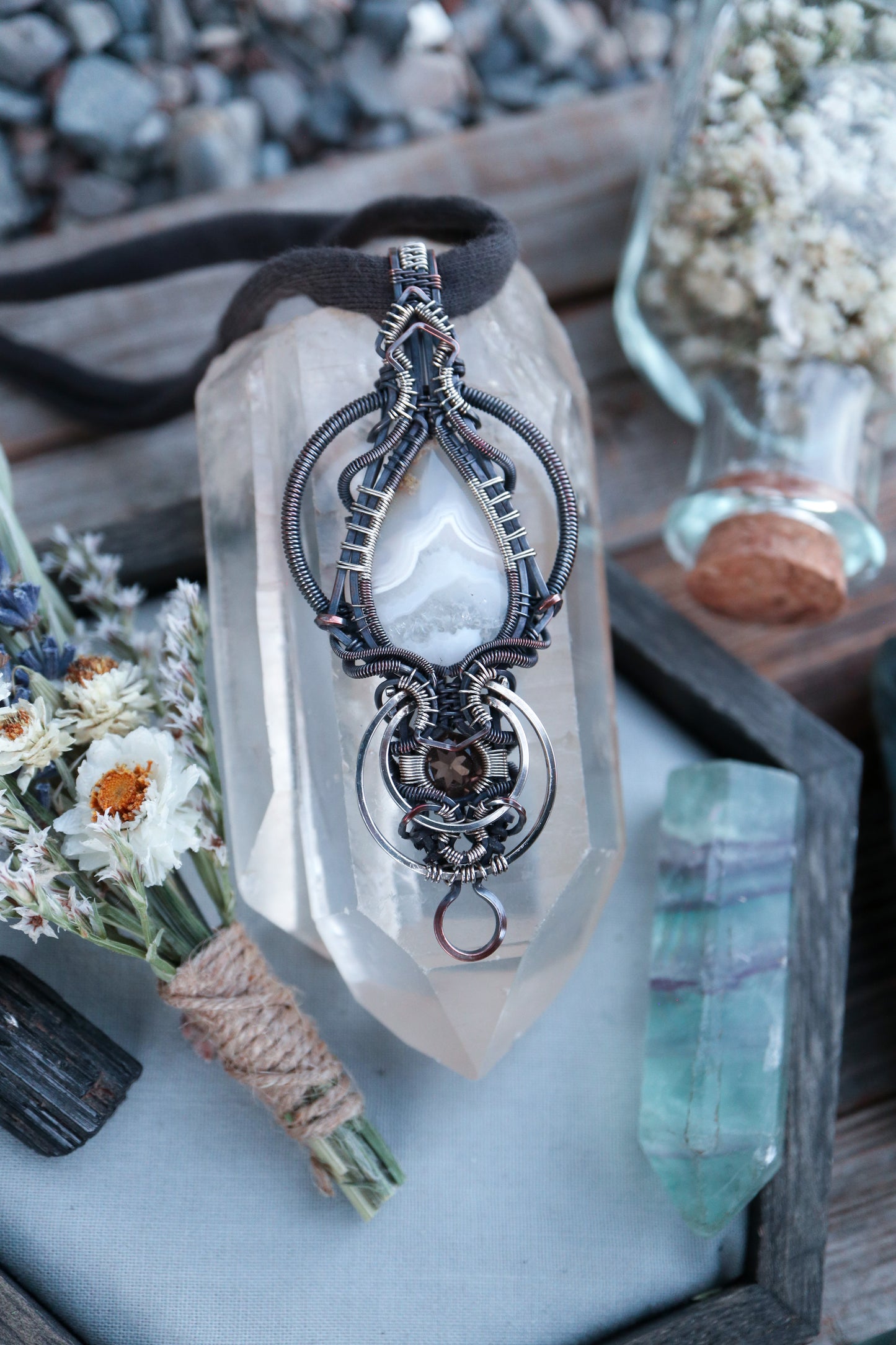 White Banded Agate and Smoky Quartz in Copper with Silver