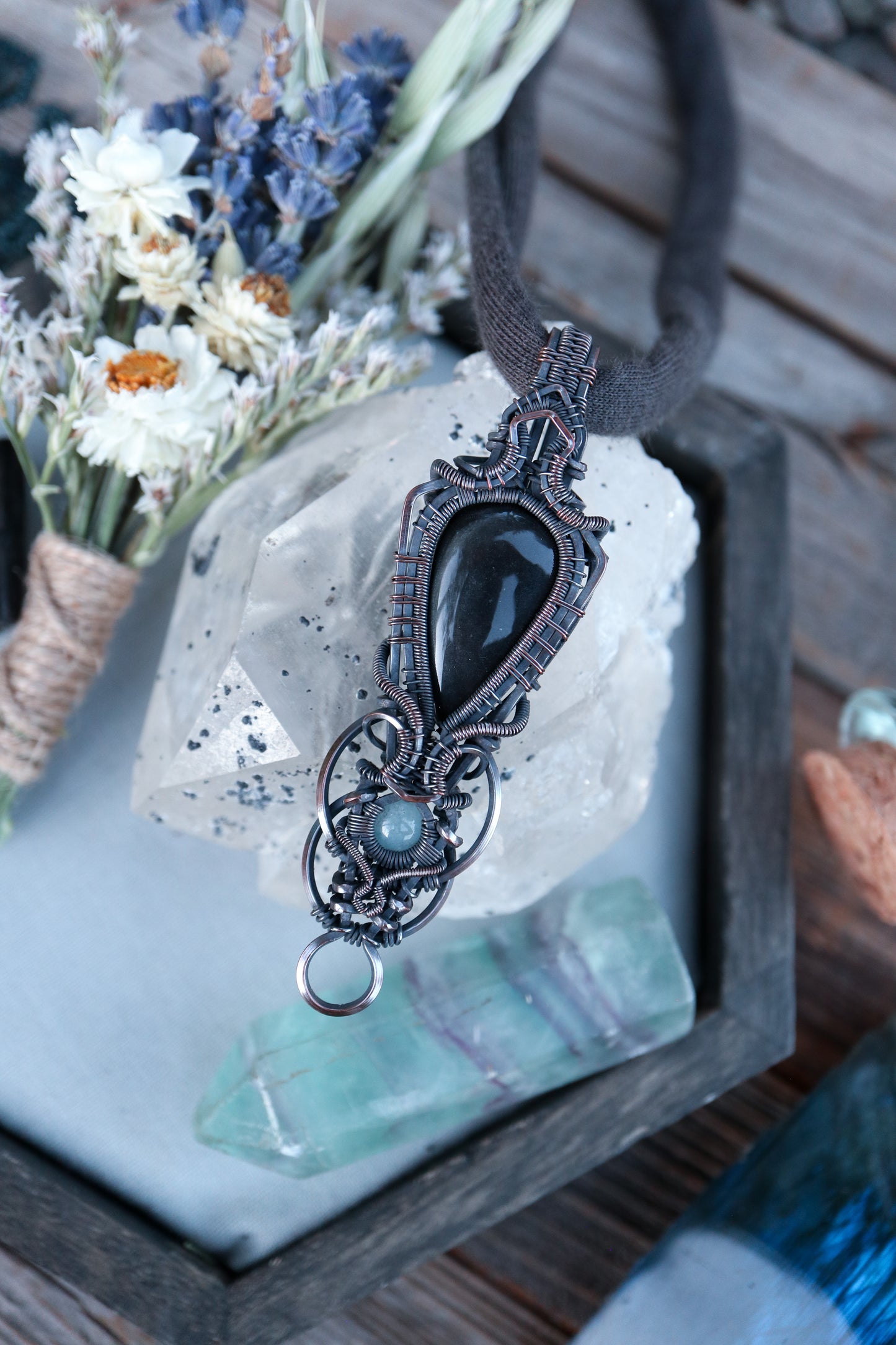 Silver Sheen Obsidian and Aquamarine in Copper