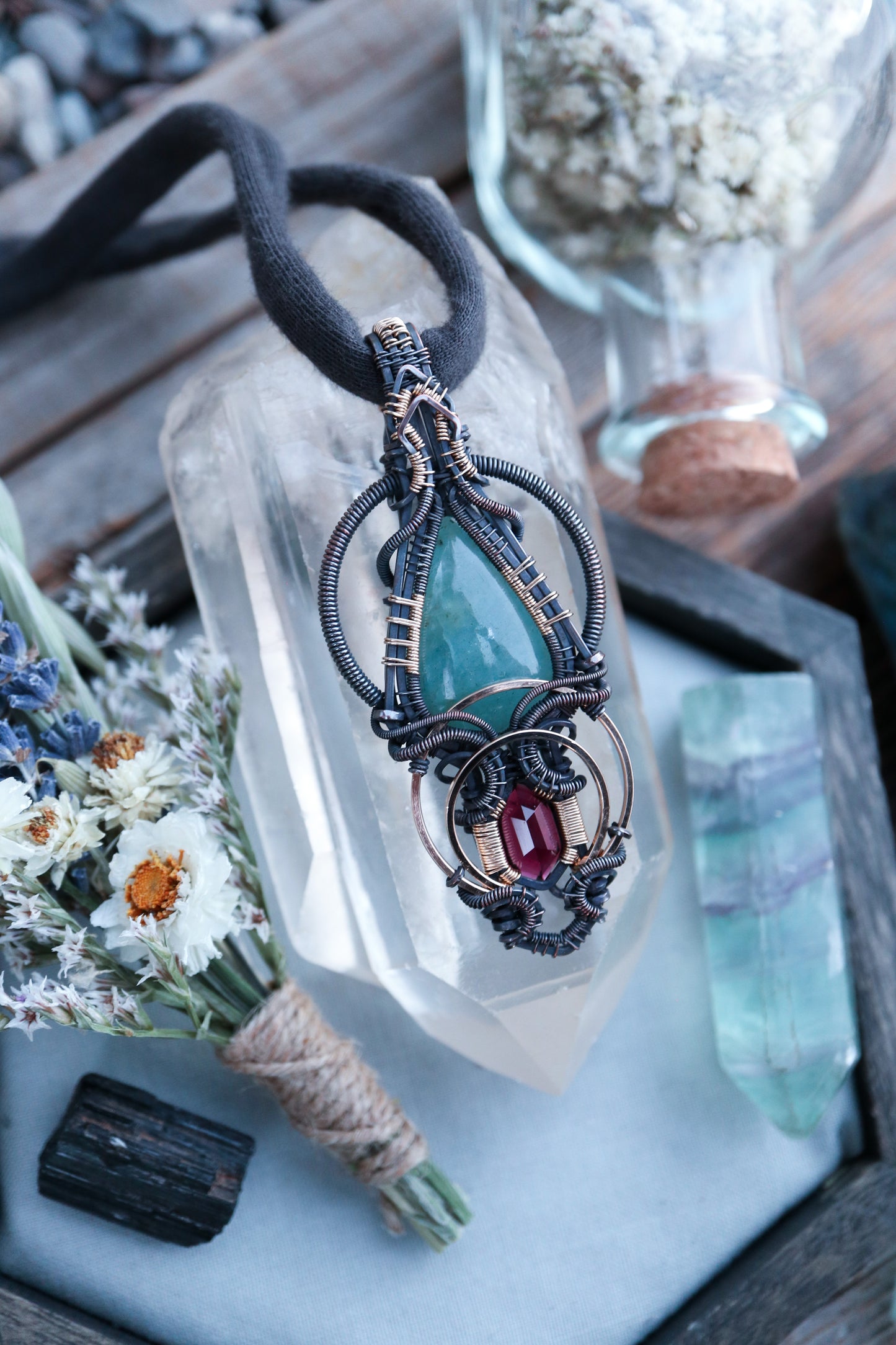 Aquamarine and Garnet in Copper with Gold Accents