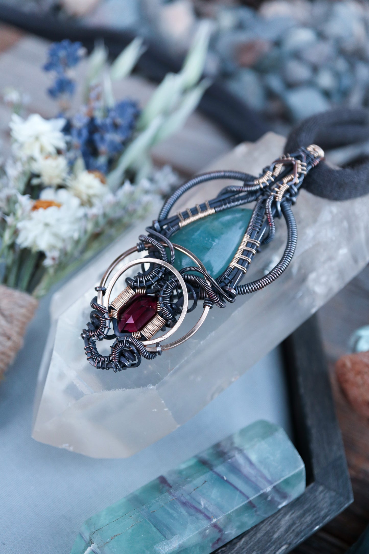 Aquamarine and Garnet in Copper with Gold Accents
