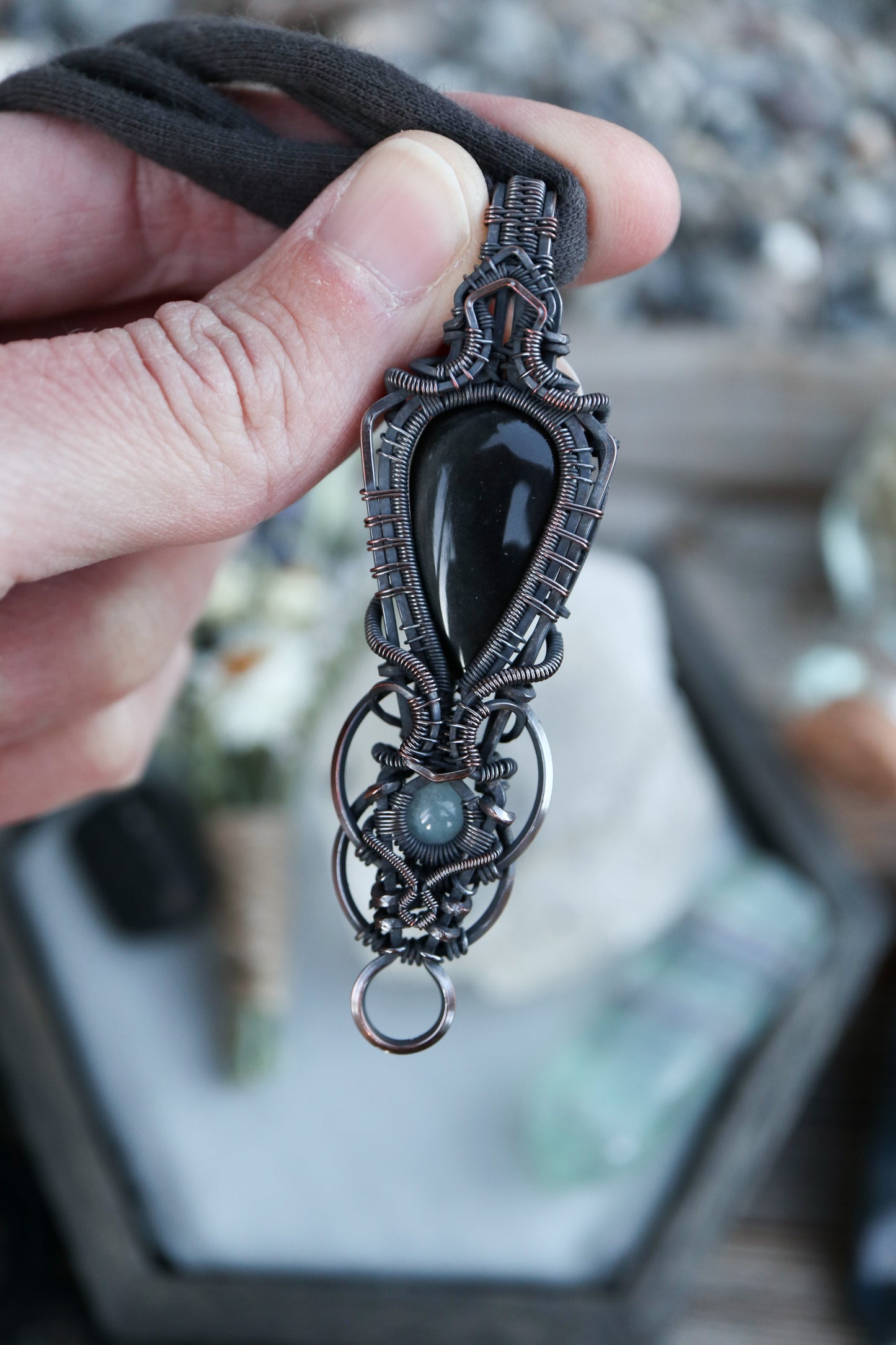 Silver Sheen Obsidian and Aquamarine in Copper