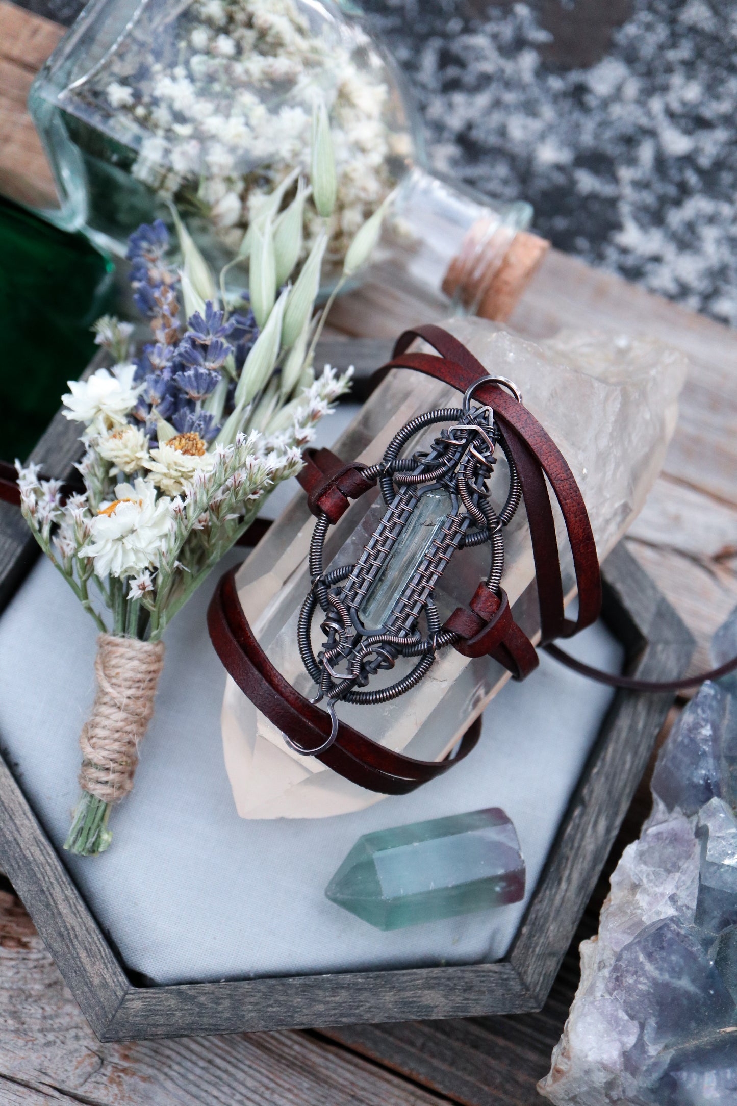 Aquamarine Copper and Leather Wrap Bracelet