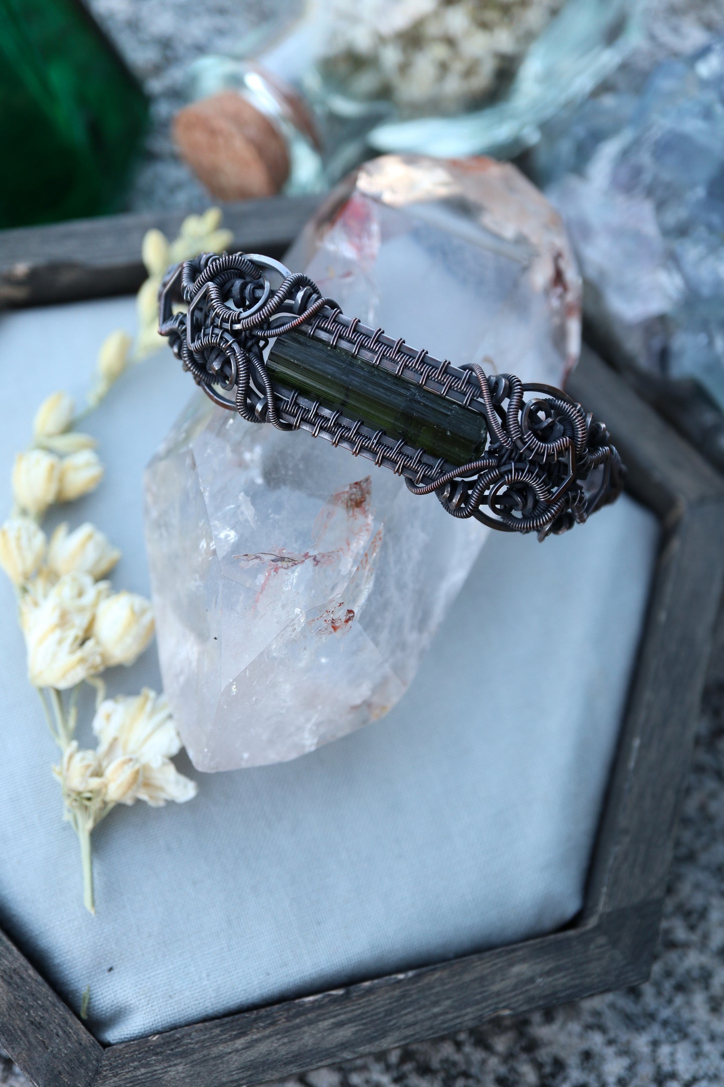 Green/Black Tourmaline Copper Bracelet M/L