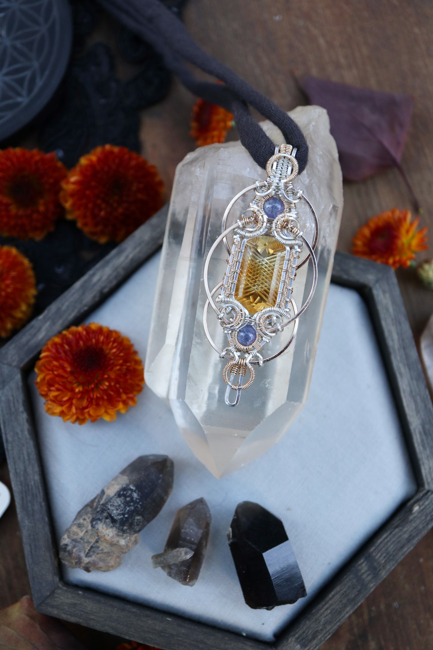 Fantasy Cut Citrine with Double Tanzanite in Silver and Gold