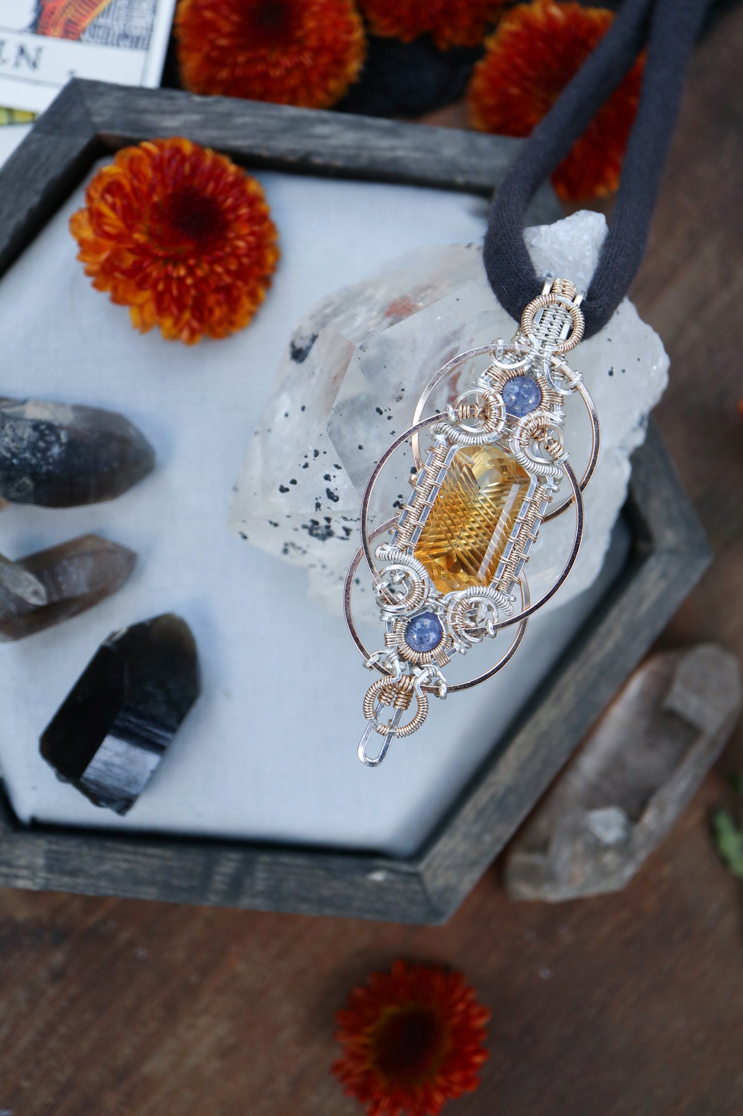 Fantasy Cut Citrine with Double Tanzanite in Silver and Gold