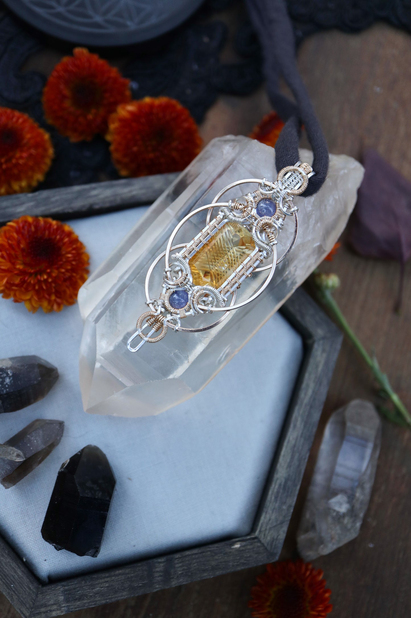 Fantasy Cut Citrine with Double Tanzanite in Silver and Gold