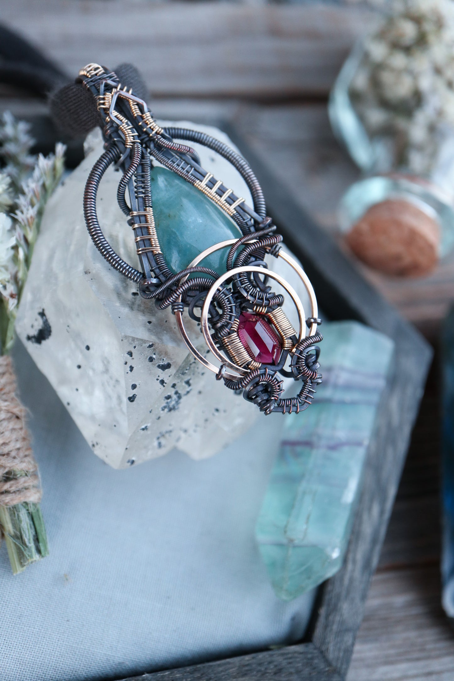 Aquamarine and Garnet in Copper with Gold Accents