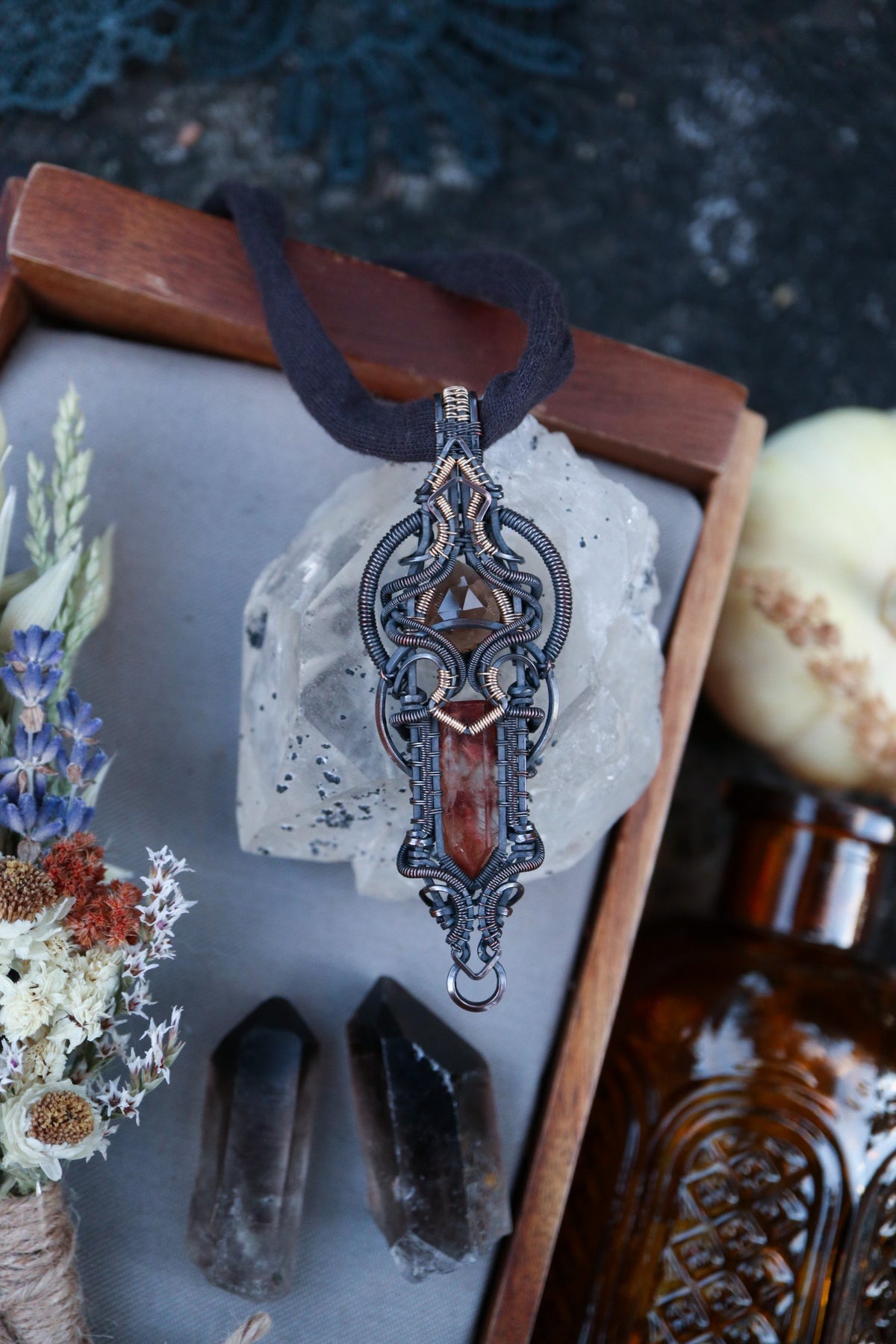 Iron included Quartz and Smoky Quartz set in Copper with Gold