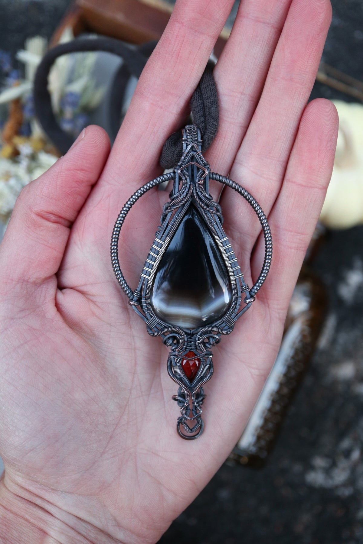Banded Agate and Hessonite Garnet set in Copper with Silver