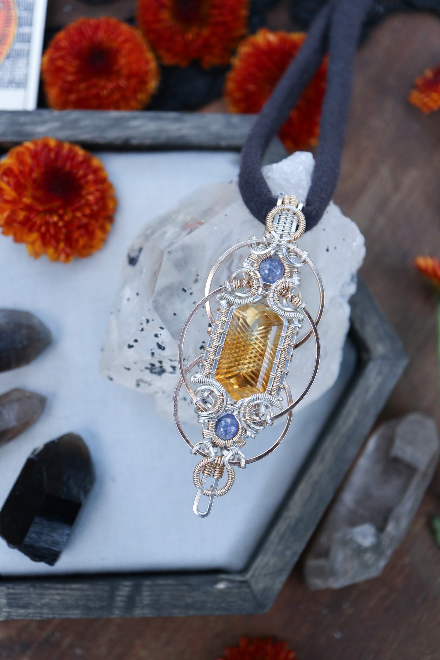 Fantasy Cut Citrine with Double Tanzanite in Silver and Gold