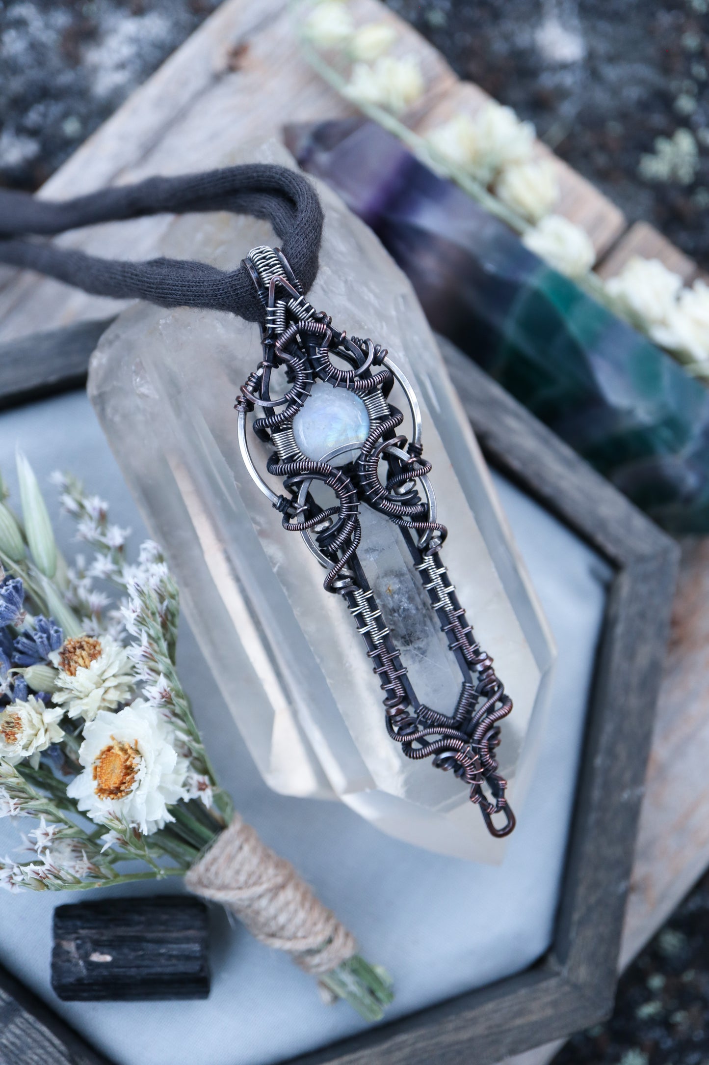 Moonstone and Himalayan Quartz in Copper with Silver