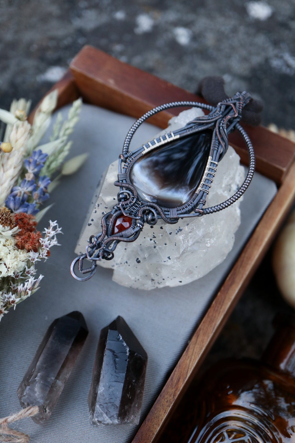 Banded Agate and Hessonite Garnet set in Copper with Silver