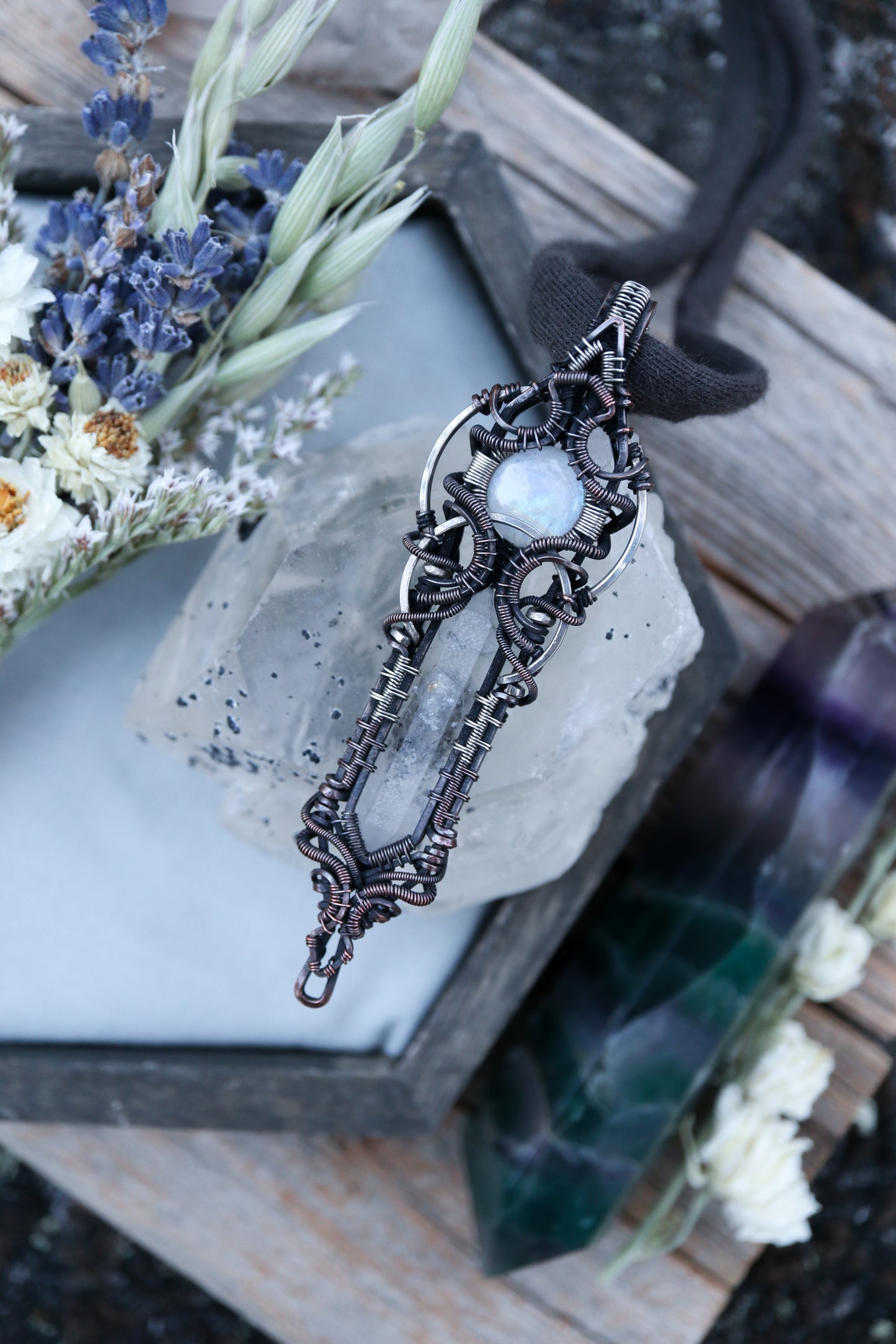 Moonstone and Himalayan Quartz in Copper with Silver