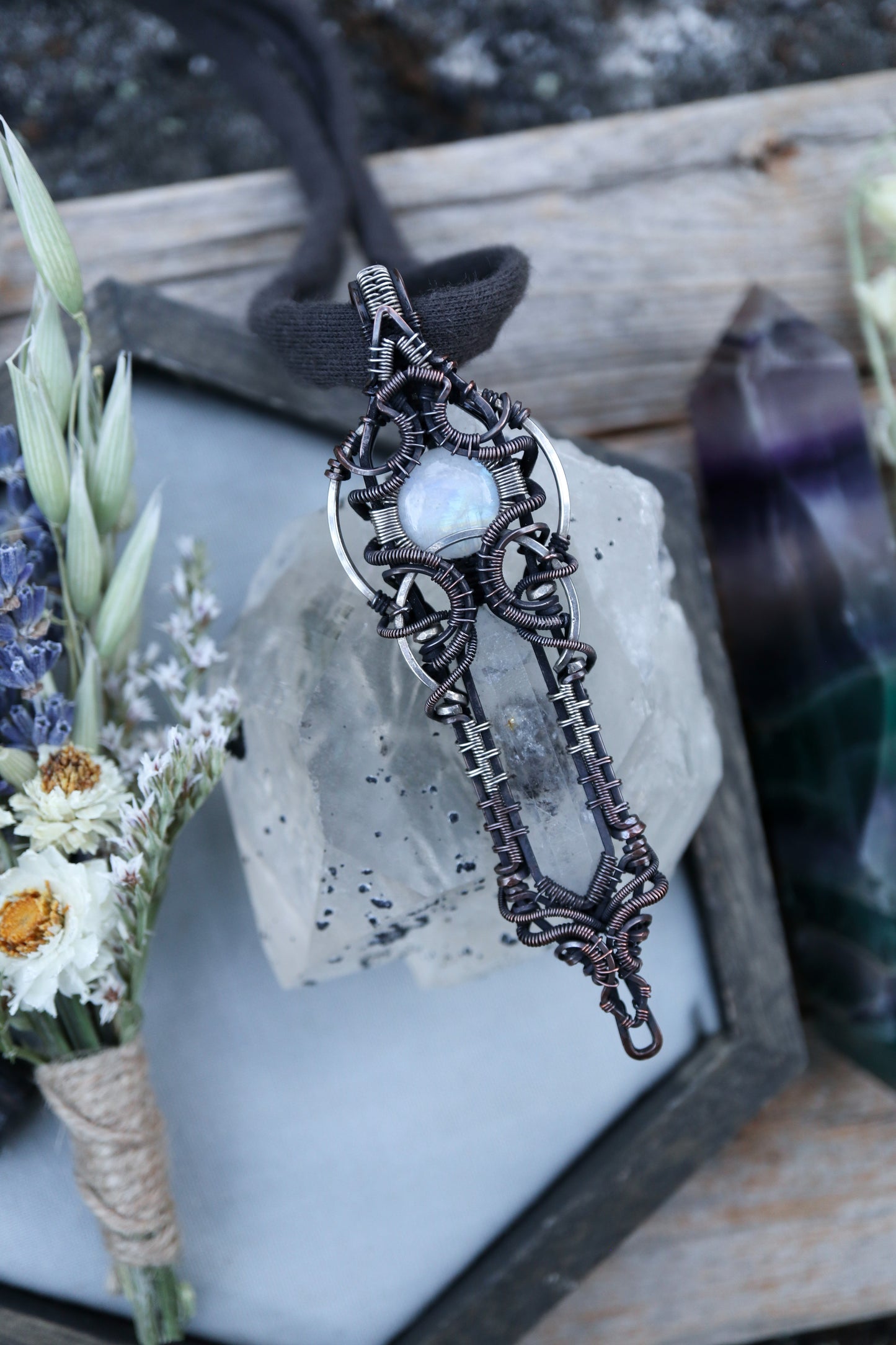 Moonstone and Himalayan Quartz in Copper with Silver